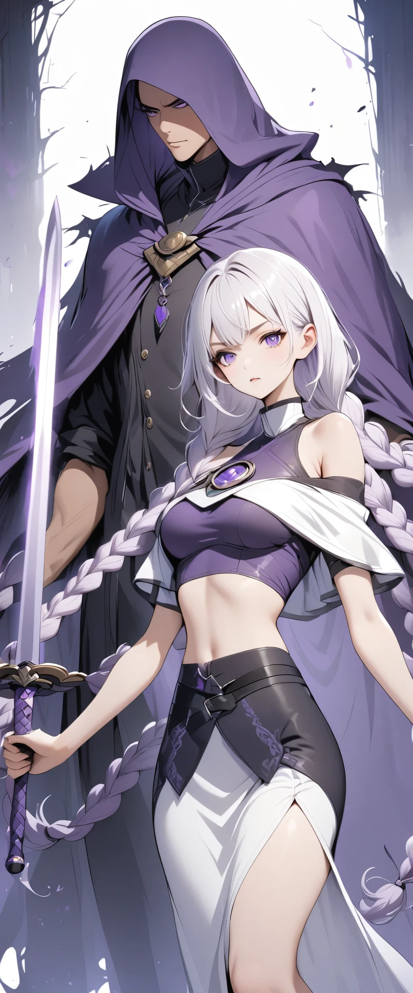 Purple Eyes，White long hair，Purple double long braids，High Neck Off Shoulder Cropped Short Sleeve Top，Skirt slit，Holding a long sword.Mysterious man in cloak