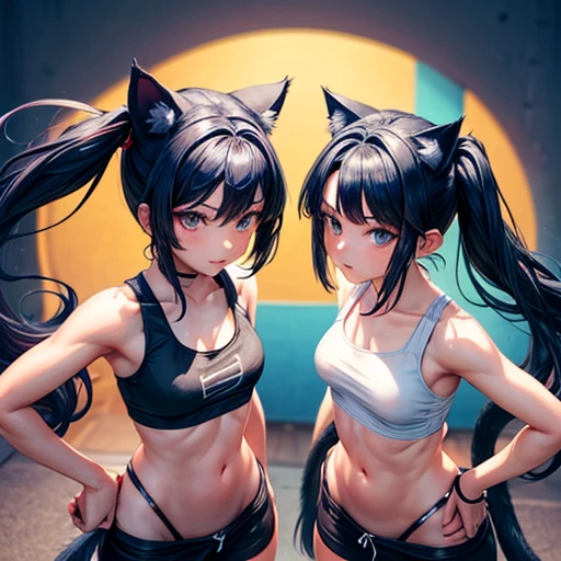 A girl with dark blue hair, cat ears and a tail, wearing a tank top and racing pants. body type Twin tails Female genitalia is visible Detailed depiction of female genitalia Flat Chest Stern look