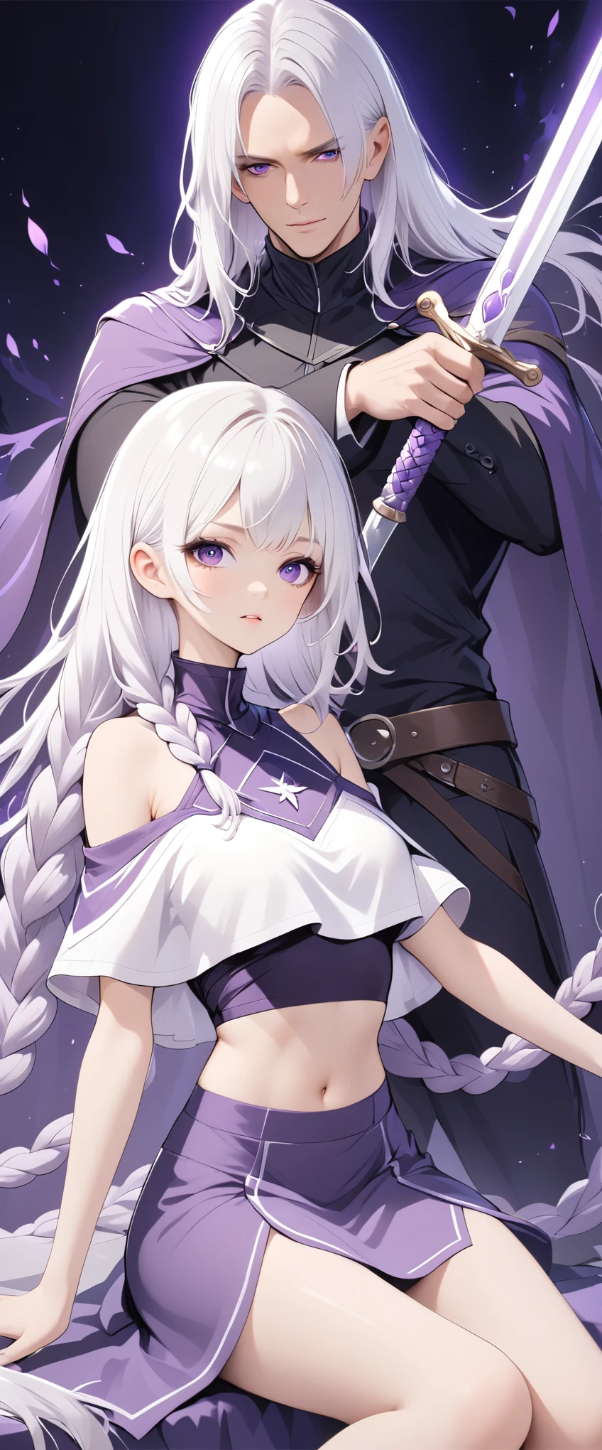 Purple Eyes，White long hair，Purple double long braids，High Neck Off Shoulder Cropped Short Sleeve Top，Skirt slit，Holding a long sword.Mysterious man in cloak