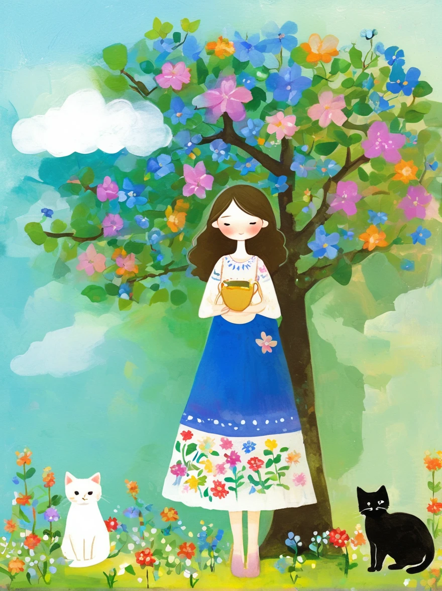 Neutral Color，Boho，Matte，Broken glass effect，Vivid and bright colors，Natural light，Iwona Lifsches and Catherina Abel Figurative Art，Lovely digital artwork in the style of Andy Kehoe and Jasmine 3 Griffith，Colored sketch of a broadleaf tree，(Beautiful young girl wearing a beautiful dress made of blue flowers:1.5)，(Holding a cute kitten:1.5)，Beautiful landscape background，White Cloud，fantasy-realism，Fascinating，HDR，Highly detailed photorealistic digital art，Miki Asai macro photography，close up，Ultra Detailed，Popular on artstation，Sharp focus，Studio Photos，Intricate details，Very detailed，greg rutkowski，mystery