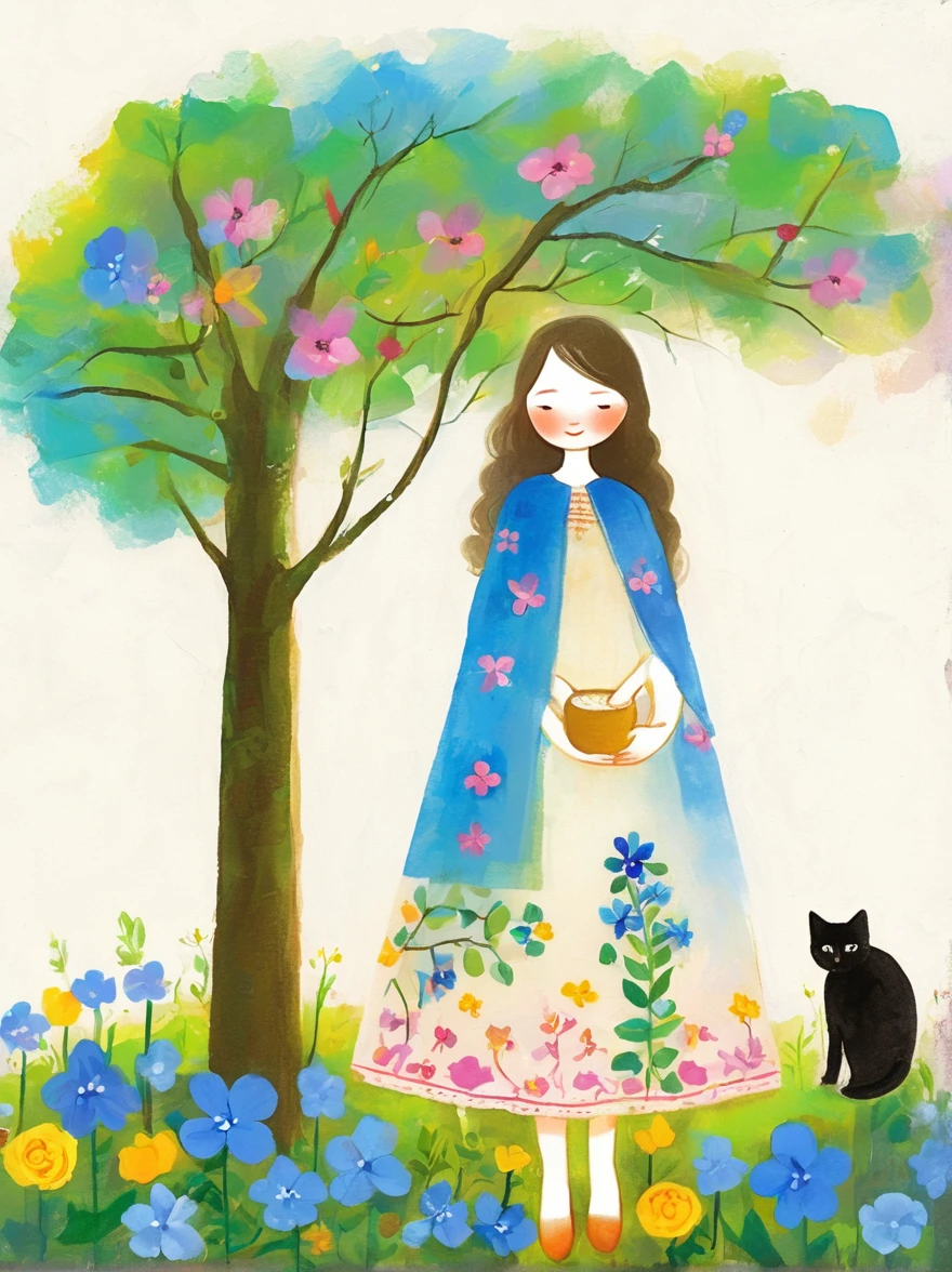 Neutral Color，Boho，Matte，Broken glass effect，Vivid and bright colors，Natural light，Iwona Lifsches and Catherina Abel Figurative Art，Lovely digital artwork in the style of Andy Kehoe and Jasmine 3 Griffith，Colored sketch of a broadleaf tree，(Beautiful young girl wearing a beautiful dress made of blue flowers:1.5)，(Holding a cute kitten:1.5)，Beautiful landscape background，White Cloud，fantasy-realism，Fascinating，HDR，Highly detailed photorealistic digital art，Miki Asai macro photography，close up，Ultra Detailed，Popular on artstation，Sharp focus，Studio Photos，Intricate details，Very detailed，greg rutkowski，mystery