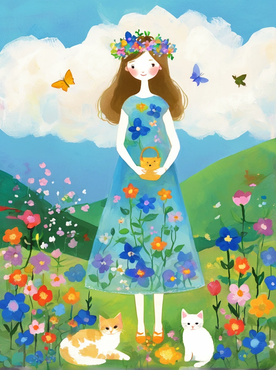 Neutral Color，Boho，Matte，Broken glass effect，Vivid and bright colors，Natural light，Iwona Lifsches and Catherina Abel Figurative Art，Lovely digital artwork in the style of Andy Kehoe and Jasmine 3 Griffith，Colored sketch of a broadleaf tree，(Beautiful young girl wearing a beautiful dress made of blue flowers:1.5)，(Holding a cute kitten:1.5)，Beautiful landscape background，White Cloud，fantasy-realism，Fascinating，HDR，Highly detailed photorealistic digital art，Miki Asai macro photography，close up，Ultra Detailed，Popular on artstation，Sharp focus，Studio Photos，Intricate details，Very detailed，greg rutkowski，mystery