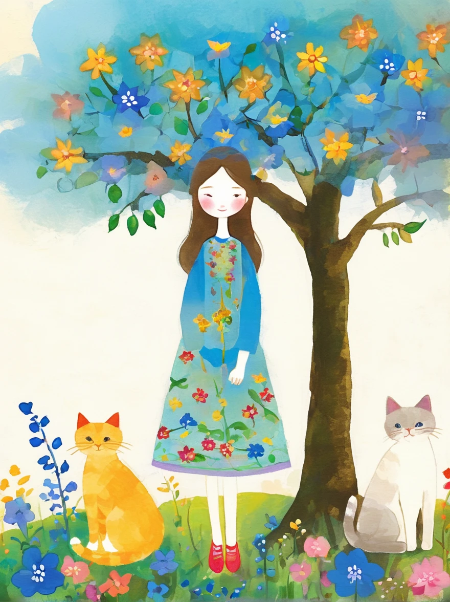 Neutral Color，Boho，Matte，Broken glass effect，Vivid and bright colors，Natural light，Iwona Lifsches and Catherina Abel Figurative Art，Lovely digital artwork in the style of Andy Kehoe and Jasmine 3 Griffith，Colored sketch of a broadleaf tree，(Beautiful young girl wearing a beautiful dress made of blue flowers:1.5)，(Holding a cute kitten:1.5)，Beautiful landscape background，White Cloud，fantasy-realism，Fascinating，HDR，Highly detailed photorealistic digital art，Miki Asai macro photography，close up，Ultra Detailed，Popular on artstation，Sharp focus，Studio Photos，Intricate details，Very detailed，greg rutkowski，mystery