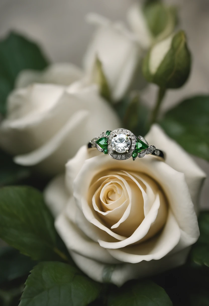 Creates an image of a ring in the shape of a white rose inlaid with white stones in the petals with two leaves of green stones next to the rose