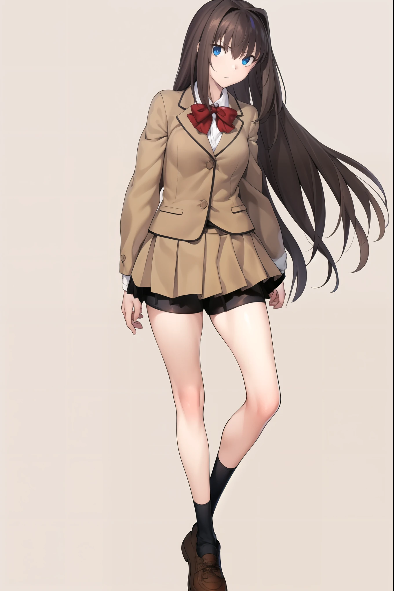 8k, high quality, AokoSchoolUniform, ((1girl)), (((solo))), (chestnut-brown hair with slightly reddish undertone), perfect face, red bowtie, beige blazer, (((Umber pleated mini-skirt:1.6))), (black spandex shorts:1.4), (nice thighs:1.4), (Over-the-Knee black Socks:1.5), brown Strap-Shoes shoes, (standing), (full body), (white-empty background:1.4), completely empty background
