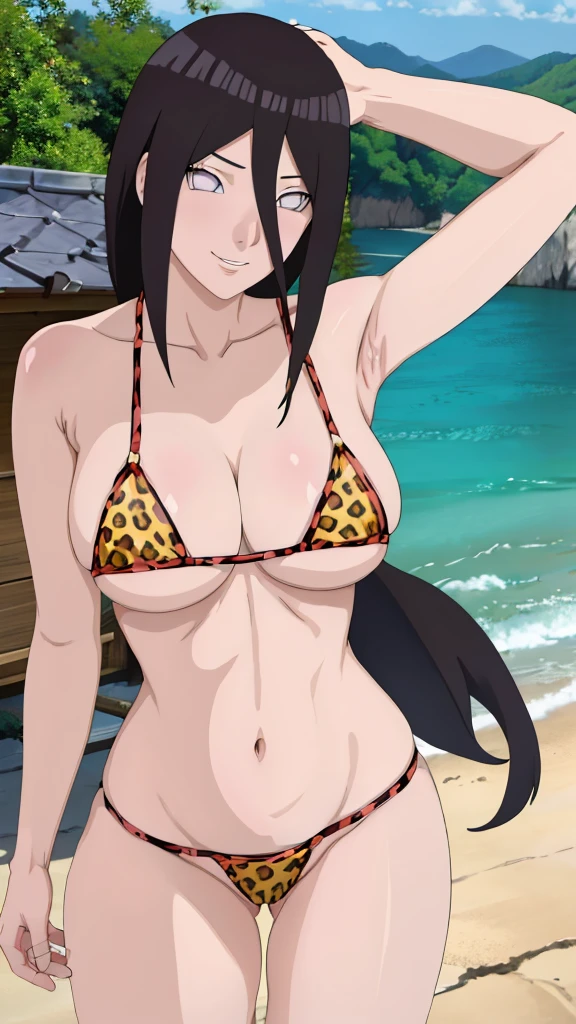 (masterpiece, 4K, highest quality, anime style: 1.9, Detailed face, Lovely, Ocean,Bold Line, High resolution, anime, Lake 4. alone, Curvaceous, Thighs, Cleavage, Center of chest, smile, Please open your mouth wide, Very slim belly, Cowboy Shot, Leopard print bikini,1 girl,NARUTOanime風,