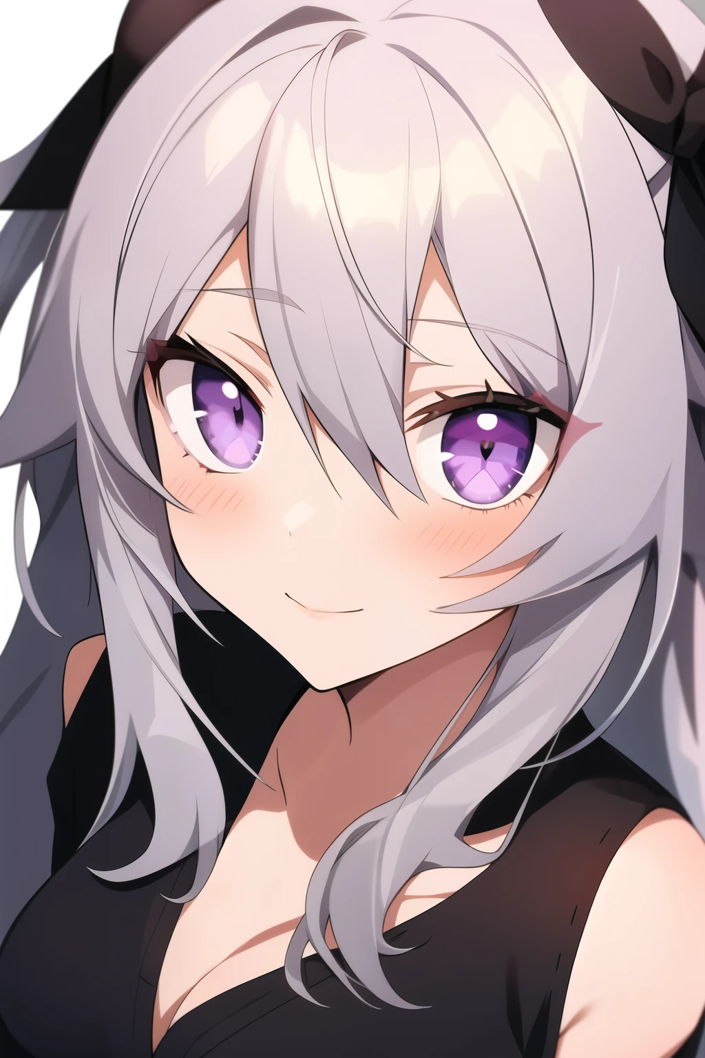 anime girl with long gray hair, one gray eye and one purple eye, with black scleras