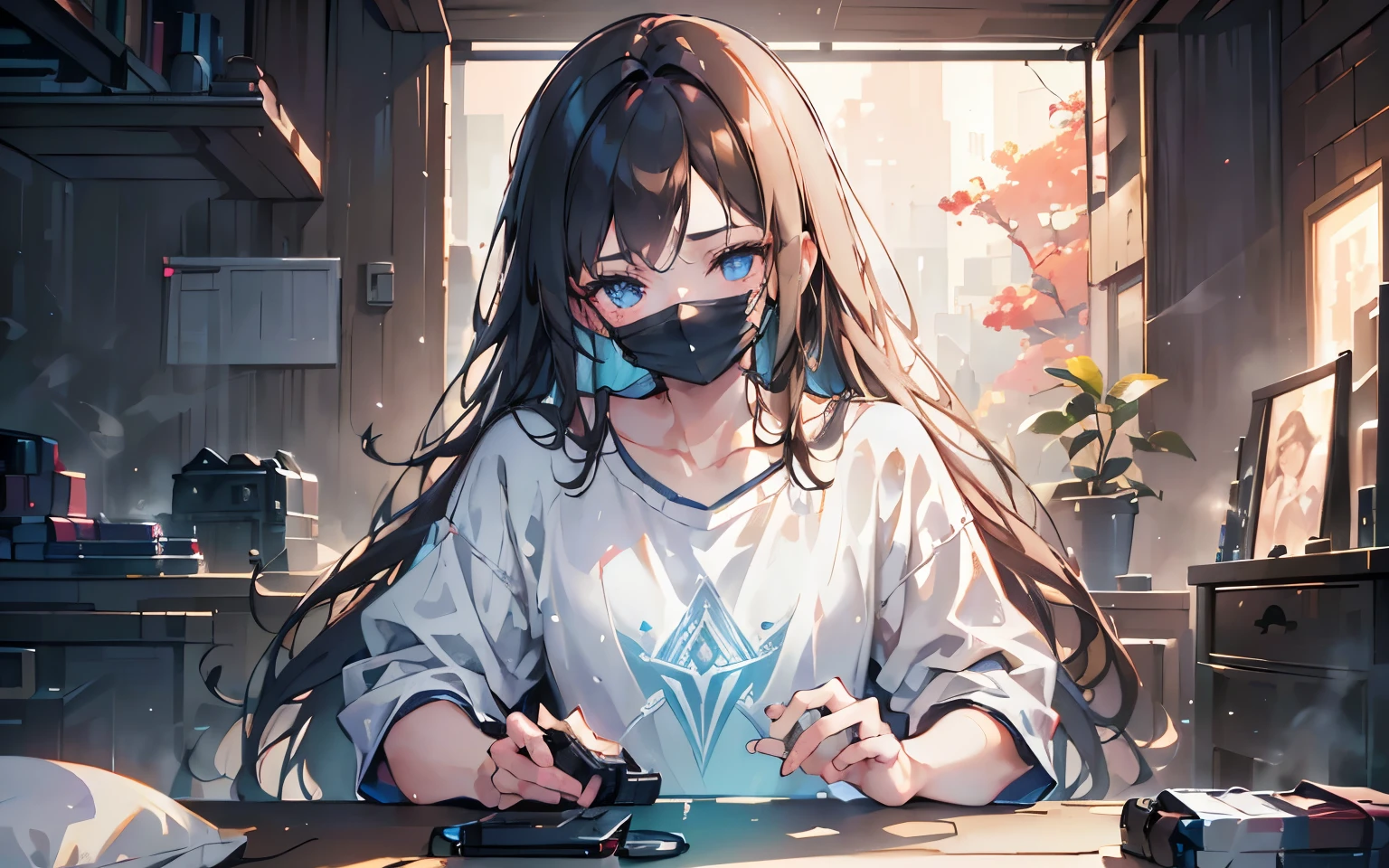 a 20 year old boy with long brown hair,white t-shirt,sitting in a room playing video games,(best quality,4k,8k,highres,masterpiece:1.2),ultra-detailed,(realistic,photorealistic,photo-realistic:1.37),intricate details,highly detailed face,extremely detailed eyes and face,beautiful detailed eyes,beautiful detailed blue mask,studio lighting,vibrant colors,warm lighting,cinematic lighting,depth of field,award winning,seamless,digital art,concept art,hyper realistic,natural,ambient occlusion,volumetric lighting