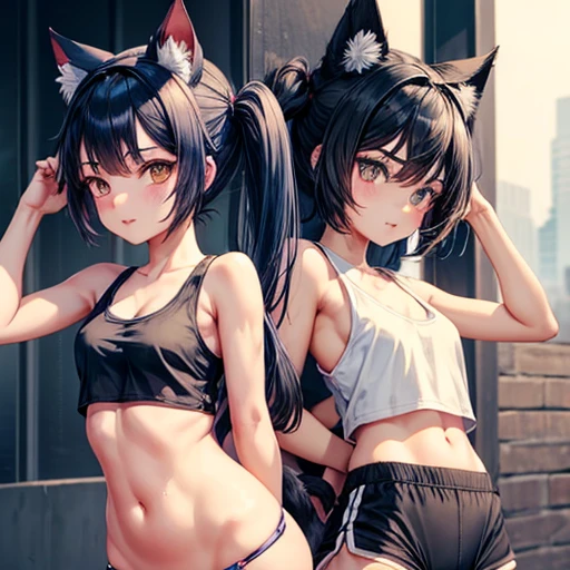 A girl with dark blue hair, cat ears and a tail, wearing a tank top and racing pants. body type Twin tails Female genitalia is visible Detailed depiction of female genitalia Flat Chest Stern look