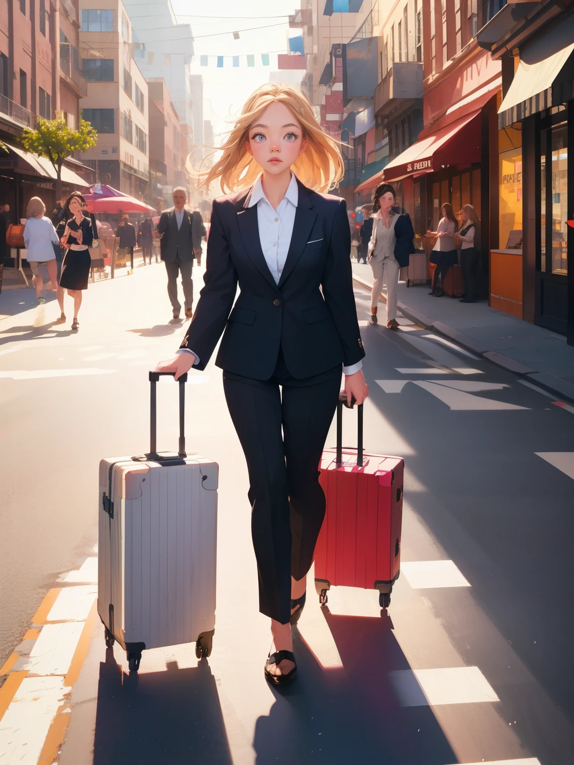 girl in a business suit walking down the street holding a suitcase, city, scenery, illustrated, animated, colorful, beautiful, sydney sweeney, poster