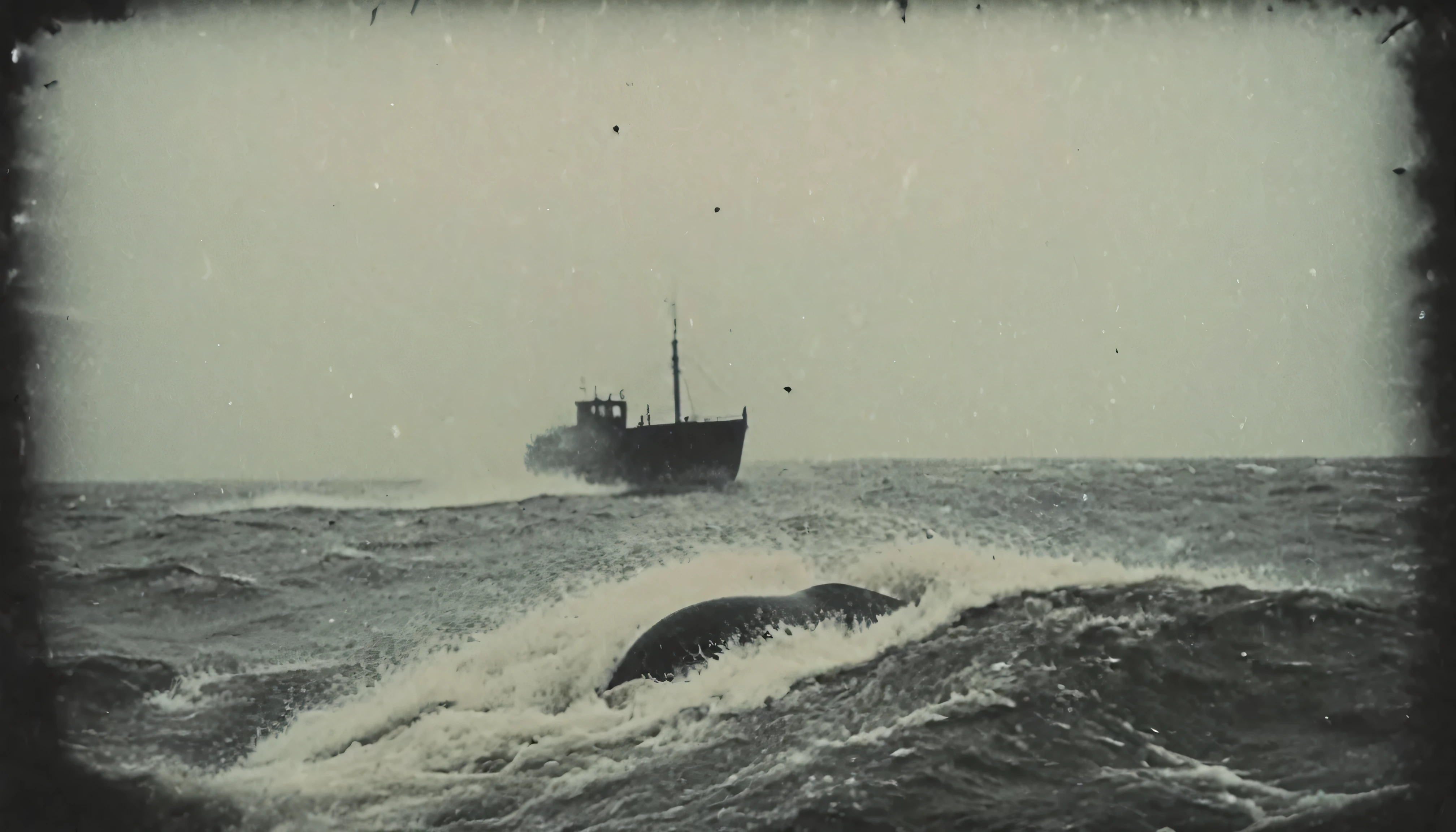grainy, polaroid, 35mm vintage, realistic old footage, huge dark monstrous silhouettes of sea-creatures and whales seen lurking under the water -from a modern-boat sailing atlantic ocean, Black and white colors.