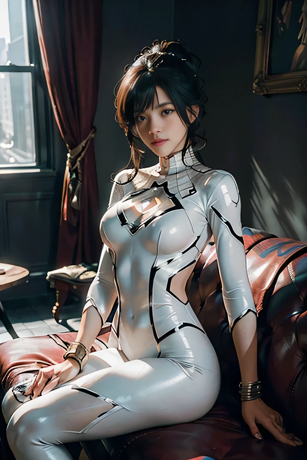 (Extreme Detail CG Unity 8K wallpaper, masterpiece, highest quality), (Exquisite lighting and shadow, highly dramatic picture, Cinematic lens effect), a girl in a white Spider-Man costume, black hair color, from the Spider-Man parallel universe, Wenger, Marvel, Spider-Man, sitting on the couch, dynamic pose), (excellent detail, excellent lighting, wide angle), (excellent rendering, enough to stand out in its class), focus on white Spider-Man costumes, complex spider textures, (large breast), (slim body),