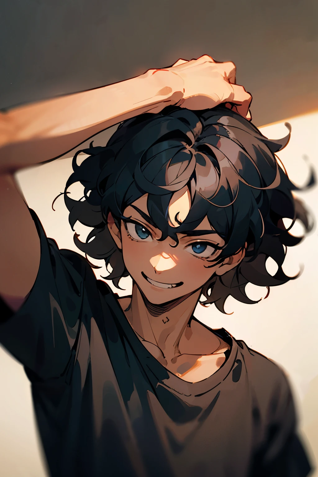 ((best quality)), ((Masterpiece)), (details) A man with a mischievous personality, playful, wavy hair, black hair, tan skin, taperfade haircut, mischievous smile, scratching his head, wearing a black shirt.