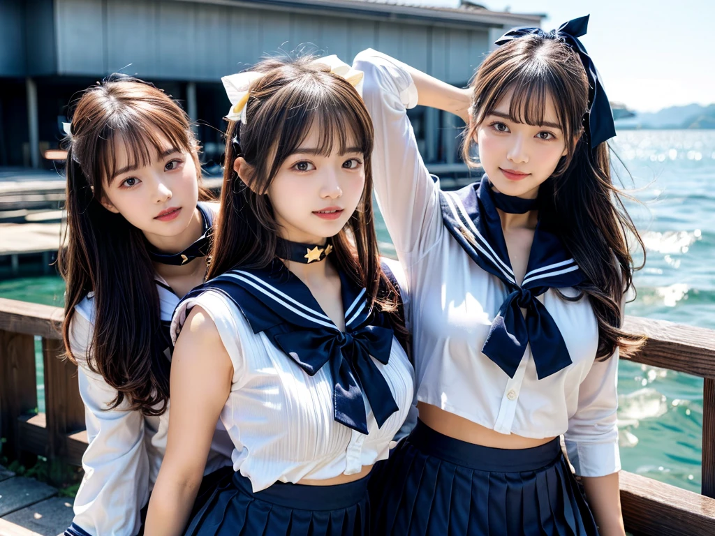 (((very heavy chest))),NSFW, 16k raw photos, highest quality, masterpiece, ultra high resolution, ((She is wearing Beautiful exposed redShe is wearing (a high school sailor uniform).
(navy sailor collar:1.4),(white shirt:1.4),(navy pleats skirt:1.4),(navy bow:1.4))).movie, ((2 girls, , 2 schoolgirls)),((attractive expression)),eyes shine、 looking at the viewer, natural skin texture very heavy chest))),((( metal black ribbon around the neck))).star handle mold、((yellow eyes)),Realistic eye and face details, lip whole, lipstick makeup), fluffy ponytail hair, laughter, Beautiful feet, tall woman, ((glowing skin)),((Beautiful armpit)), slim_feet, huge breasts, cleavage, beautiful natural places, beautiful flower garden、(detailed background,highly exposed, huge breasts, blurred background,, JK ribbon on the neck, jk ribbon, golden hair, bracelet, water, bangs, split your lips、armpit、beautiful hip line、glowing skin、(((eyes shine brightly))),lotion skin、High leg、((black hair)),highly exposed、Skimpy pink luxury fur coat、beautiful sea background、wind effect、