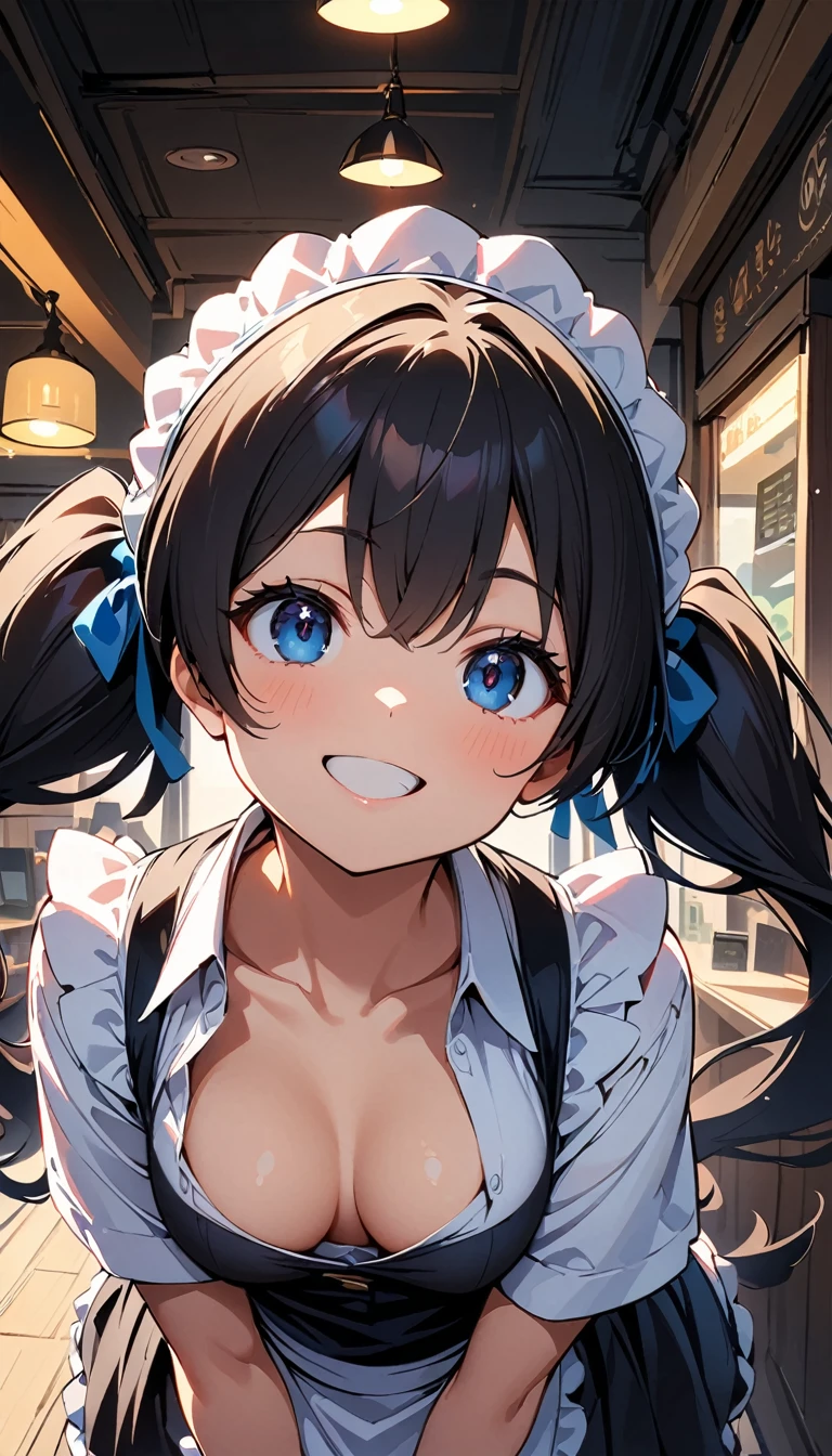 (high quality, 8k, 4K, High Contrast, masterpiece:1.2, 最high quality, Best aesthetics), beauty, Maid, Very detailed, レースのヘッドドレスをつけた魅惑的でエロティックなGalの女の子, smile, (Normal milk, Black Hair, Twin tails), Focus on the face, Focus on the face,Cheeky face, Complex eyes, tights, 40デニールの黒tights, coffee shop, Low angle shot, Viewers looking up,Gal,Open chest