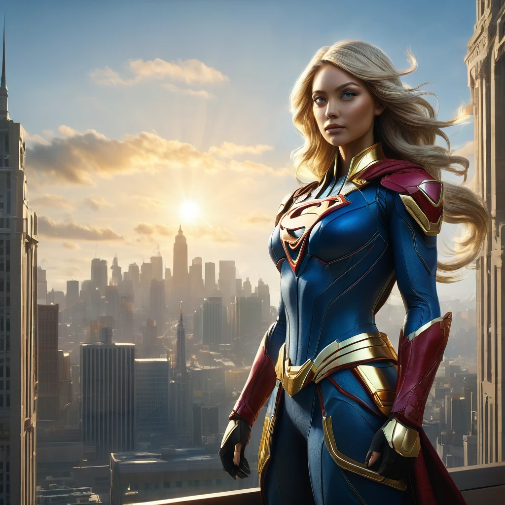 Supergirl, above the city, preparing for battle, detailed artistic photography, beautiful detailed face, dreamy, glowing, backlit, glamour, glow, shadows, oil on canvas, brush strokes, soft, ultra high definition, 8k, unreal engine 5, ultra focus sharp, artgerm, loish, sf, intricate art masterpiece, menacing, matte paint movie poster, golden ratio, trends in cgsociety, intricate, epic, highly detailed, vibrant, production cinematic character rendering, quality model ultra high