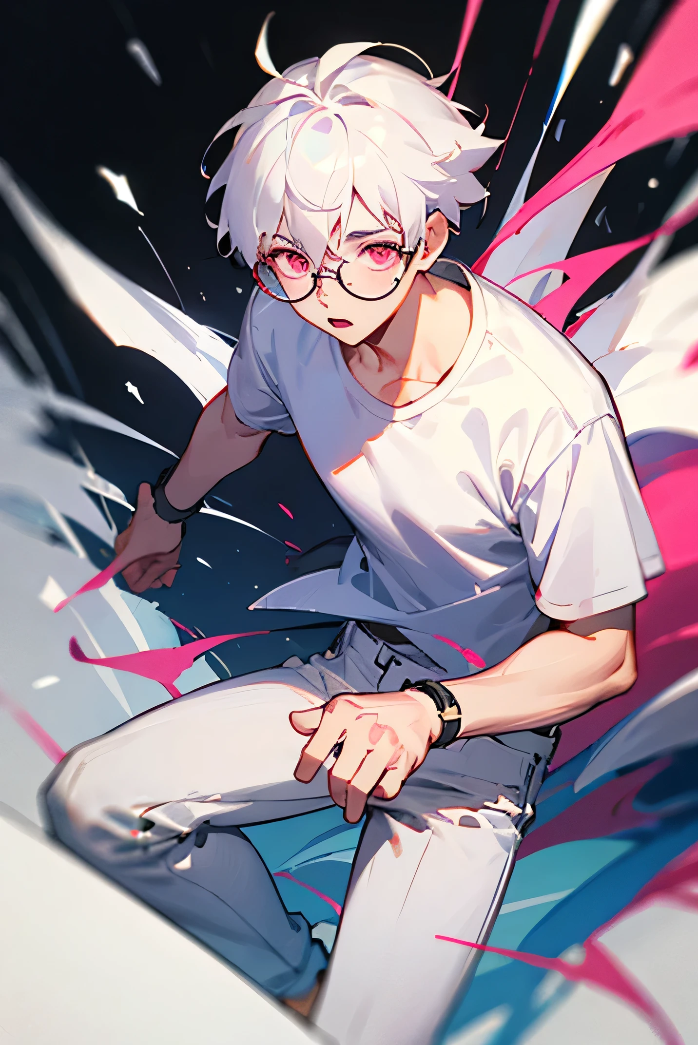 8k, high quality, 1 boy, white hair, pink eyes, white shirt, white pants, round glasses, IT skills, coding