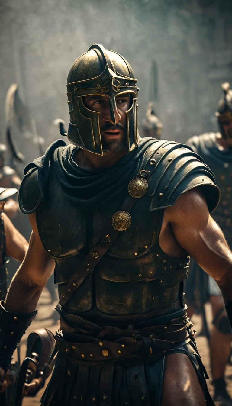 Intense gladiator duel, set in ancient Rome, historical painting, digital UHD (64k) image, cinematic film still dramatic side lighting, hdr,  shallow depth of field, vignette, highly detailed, high budget Hollywood film, cinemascope, moody, epic, gorgeous
, Highly detailed and clean, Photorealistic and cinematic masterpiece, professional photography, realistic, realism, 200k , Raytracing and light effect, digital, perfect composition, beautiful detailed intricate insanely detailed octane render trending on artstation, 8 k artistic photography, photorealistic concept art, soft natural volumetric cinematic perfect light, the morning mist shone on their bodies, award - winning photograph, masterpiece, raphael, caravaggio, greg rutkowski, beeple, beksinski, giger