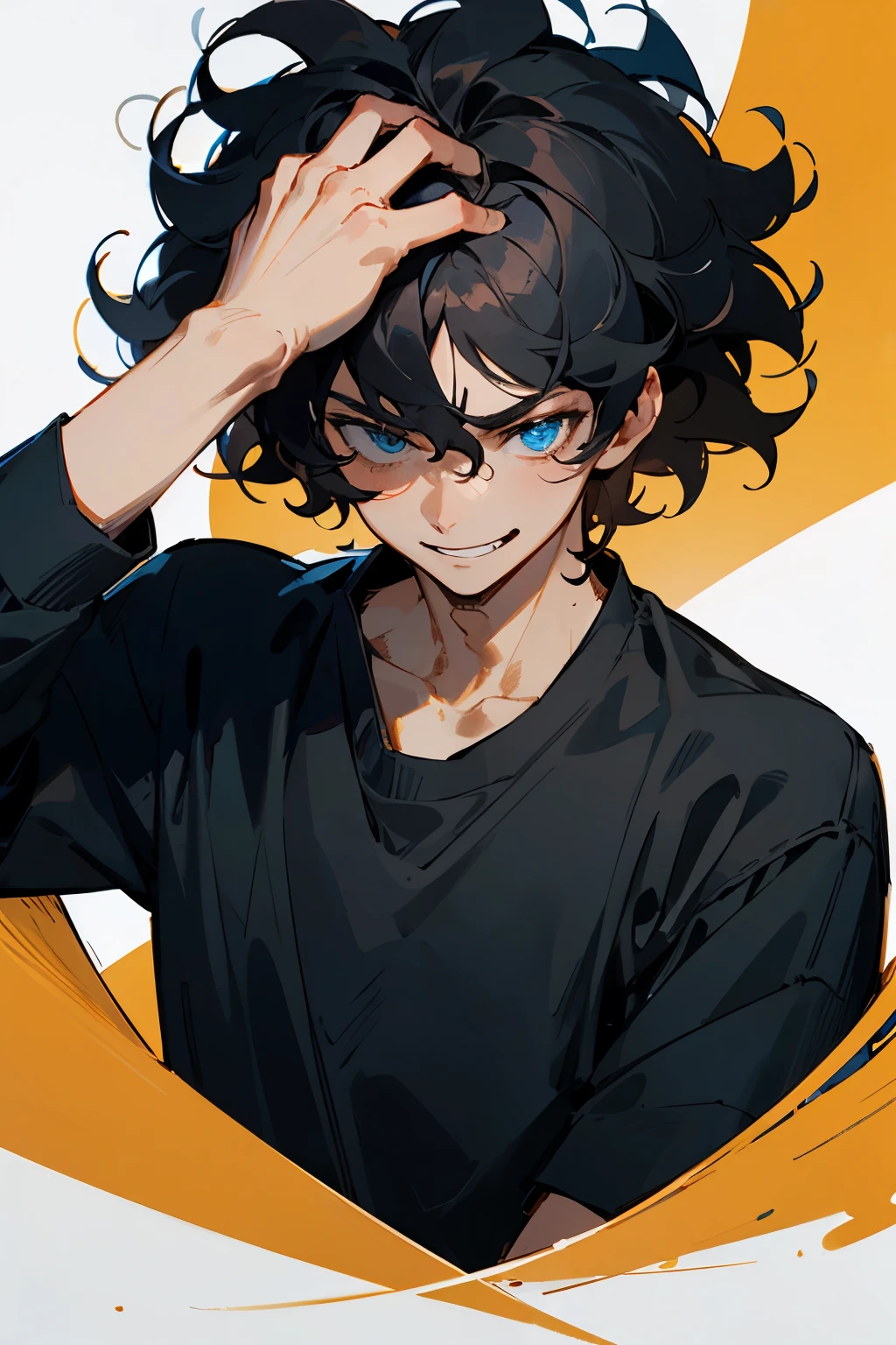 ((best quality)), ((Masterpiece)), (details) A man with a mischievous personality, playful, wavy hair, black hair, tan skin, taperfade haircut, mischievous smile, scratching his head, wearing a black shirt.