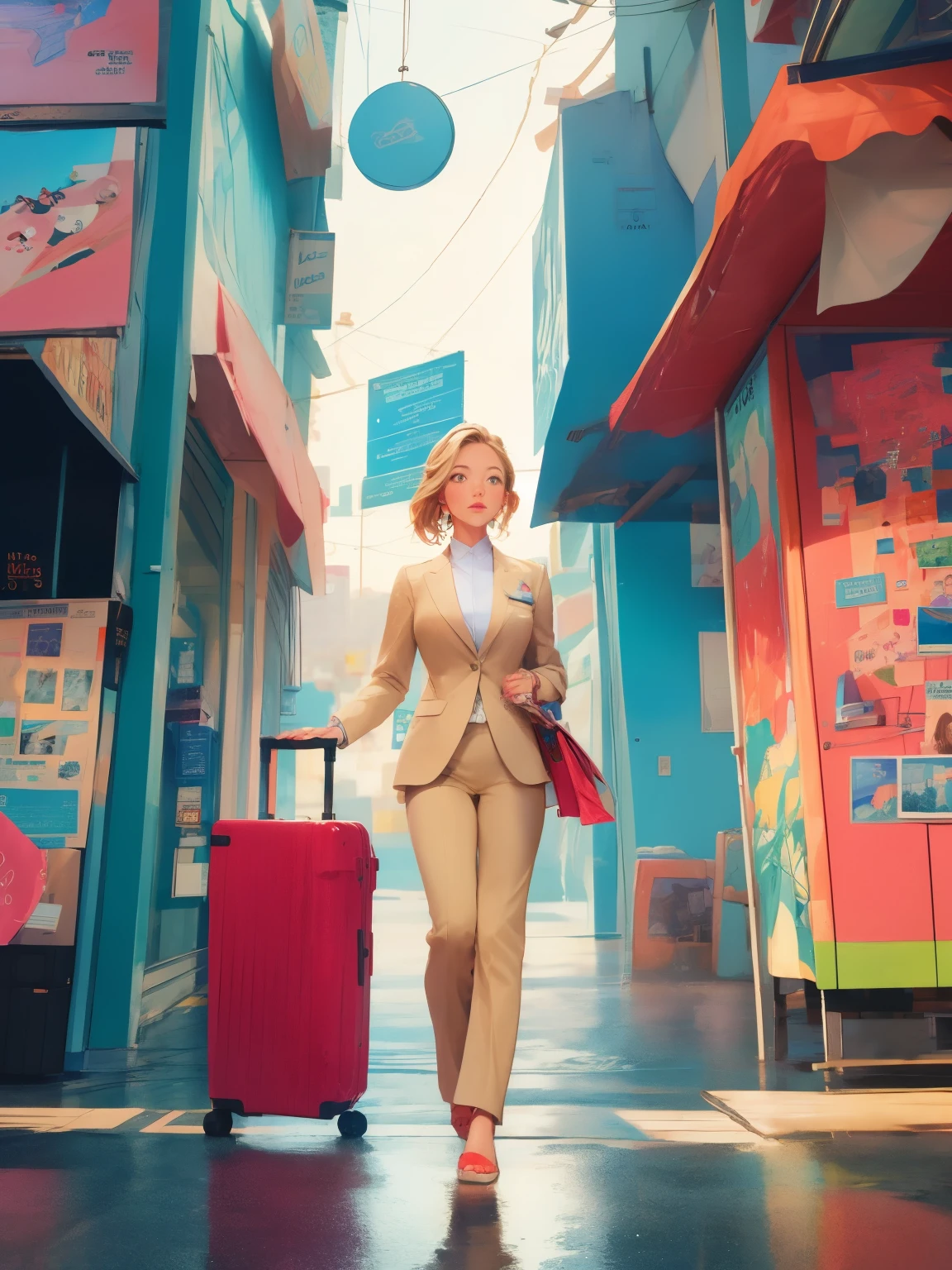 girl in a business suit walking down the street holding a suitcase, city, scenery, illustrated, animated, colorful, beautiful, sydney sweeney, poster