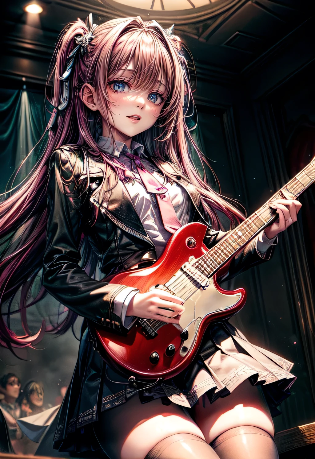 High school girl blazer、 uniform、Red checked knee-length skirt、Long skirt、JK Style、Jacket、smile、Knee-high socks、Thigh-high socks、pantyhose、A superb beauty、Super cute、ennui、Rare beauty、Twin tail hair、Black Dark Eyeshadow、Sad、Good skin glow、Long hair straightener、Dark Gothic Makeup、Dark Smile、Fragrant beauty、Stained glass background、Mastepiece、Best Quality、Refers to 5 books、Sweat glistening on my chest、Sweat glistening on my face、Small breasts、Dark pink hair、Age 22 years old、Slightly slim、Mysterious look、A sad expression、Pink Hair、mysterious gothic church、enchanting castle、Sweating profusely all over the body、A lot of sweat and light on the thighs、Shiny thighs、Plenty of sweat glistening on the thighs、A large amount of sweat glistens on my thighs、Sweating profusely、Gal、Small breasts、japanese face、Alluring expression、Thin thighs、Playing guitar、I have a guitar、Sing a song enthusiastically、Playing guitar in a band、Playing guitar chords、Live House Background、Sing a song、Open your mouth、Live house scenery、Mike stand、Glamorous live stage、Dynamic Angle、