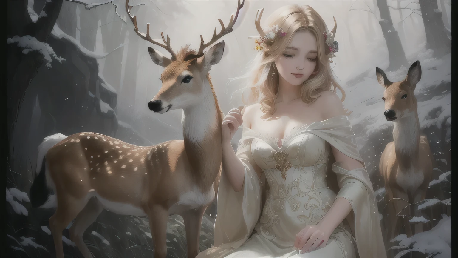 Painting of a woman playing with a deer in the woods, Beautiful fantasy art, Beautiful artwork illustration, Beautiful fantasy art portrait, very Beautiful fantasy art, Beautiful digital artwork, by ヤン・J, Beautiful character drawings, very Beautiful digital art, Beautiful fantasy paintings, Beautiful digital art, Beautiful young wind spirit, Beautiful fantasy maiden, Beautiful and gorgeous digital art, Elegant digital painting