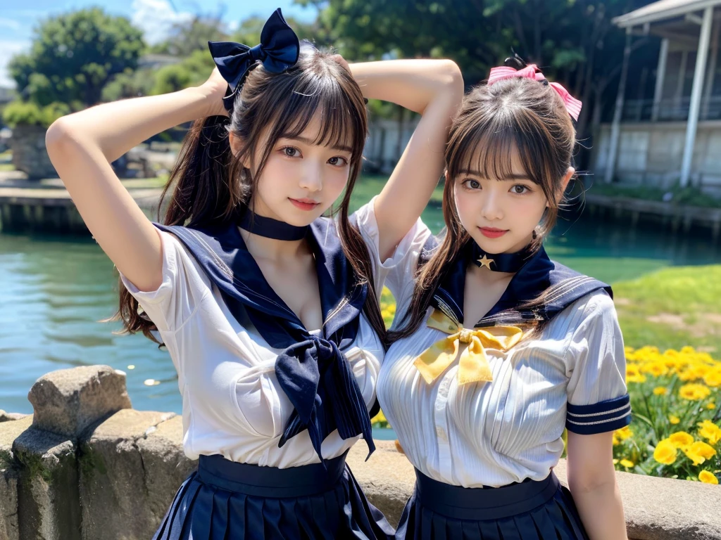 (((very heavy chest))),NSFW, 16k raw photos, highest quality, masterpiece, ultra high resolution, ((She is wearing Beautiful exposed redShe is wearing (a high school sailor uniform).
(navy sailor collar:1.4),(white shirt:1.4),(navy pleats skirt:1.4),(navy bow:1.4))).movie, ((2 girls, , 2 schoolgirls)),((attractive expression)),eyes shine、 looking at the viewer, natural skin texture very heavy chest))),((( metal black ribbon around the neck))).star handle mold、((yellow eyes)),Realistic eye and face details, lip whole, lipstick makeup), fluffy ponytail hair, laughter, Beautiful feet, tall woman, ((glowing skin)),((Beautiful armpit)), slim_feet, huge breasts, cleavage, beautiful natural places, beautiful flower garden、(detailed background,highly exposed, huge breasts, blurred background,, JK ribbon on the neck, jk ribbon, golden hair, bracelet, water, bangs, split your lips、armpit、beautiful hip line、glowing skin、(((eyes shine brightly))),lotion skin、High leg、((black hair)),highly exposed、Skimpy pink luxury fur coat、beautiful sea background、wind effect、