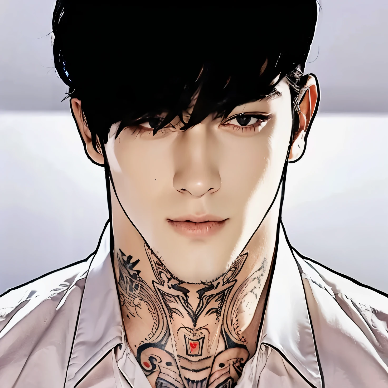 A realistic black-haired man, realistic handsome face, realistic cool expression, realistic evil face, realistic tattoo, realistic white shirt, realistic lighting, realistic shadow, realistic background, good picture quality, very good picture result, ultra detail, realistic 