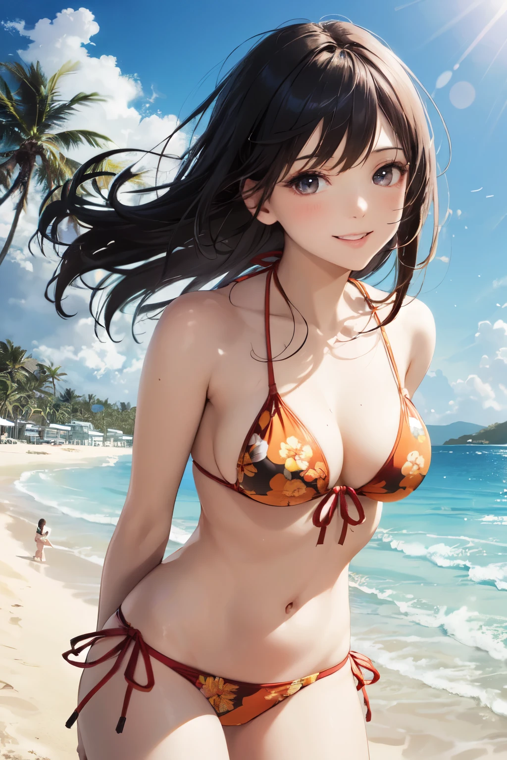 very cute and beautiful girl,(highly detailed beautiful face),(orange flower pattern bikini),
standing,arms behind back,looking at viewer,beach,tropical resort hotel,(smile),happy,black hair,
(best quality,masterpiece),absurdres,highres,ultra-detailed,extremely detailed,32k,
cinematic scene,detailed background,solo,dynamic angle, hair fluttering in the wind,beautiful detailed sky,(realistic),