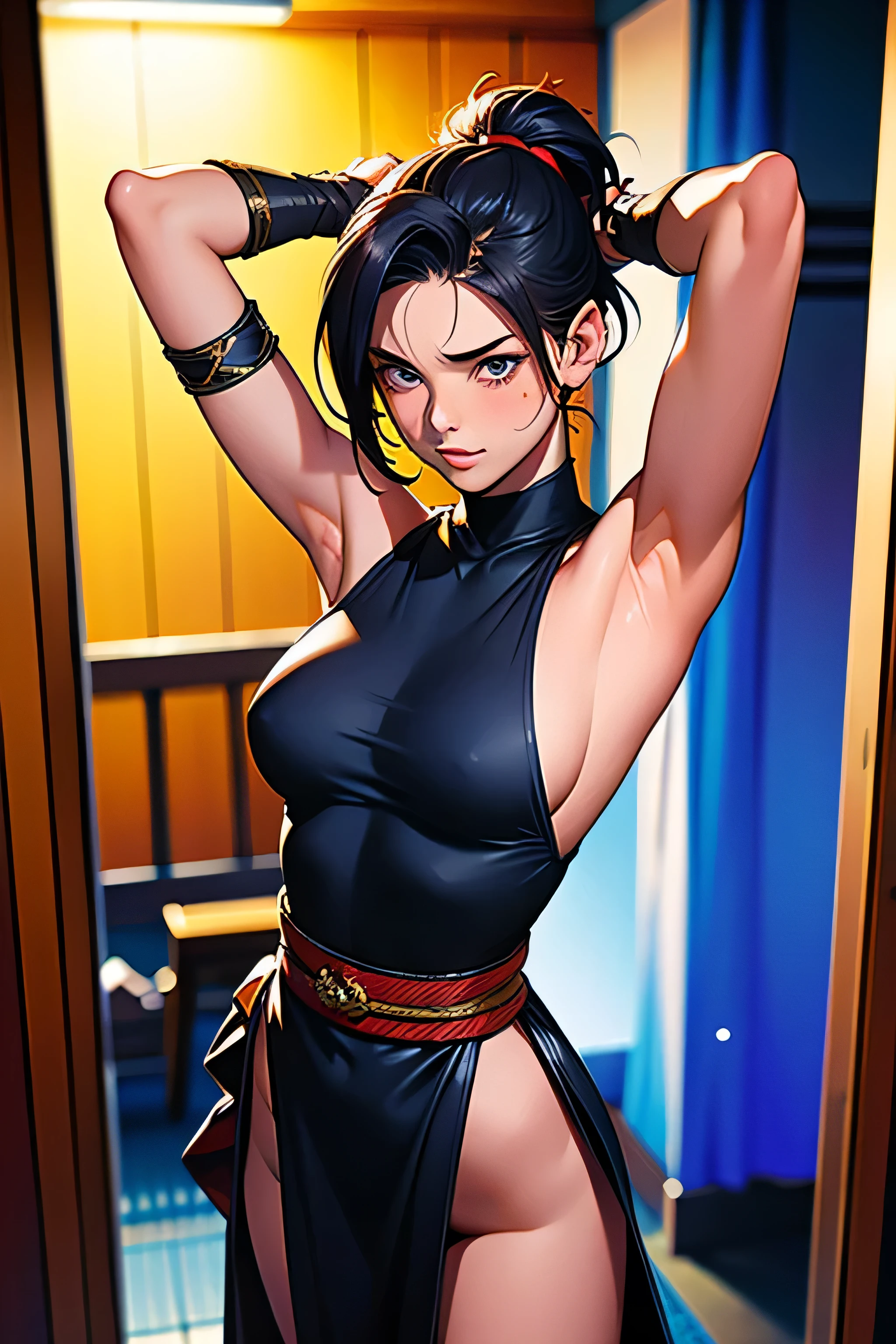 (masterpiece), (highest quality), (Super Detail), (Disheveled Hair), (shape), (One Girl), (whole body), (Stylishly decorated ninja costume), Leather Armlets, night、Standing in the hallway, The moonlight shining from behind her、Her body glows as if surrounded by an aura..., Dagger on hip, Japan with a sword on your back, Holding a kunai in the hand, Preparing to attack,arms up,armpits, armpits,sweat,sweaty,sweaty armpits,awesome armpits,sweating ,sleeveless,exhausted,tired, wearing arm bands,arms raised,very tired,sweating,arms raised,both arms raised,sweaty,red arm warmers,red arm bands