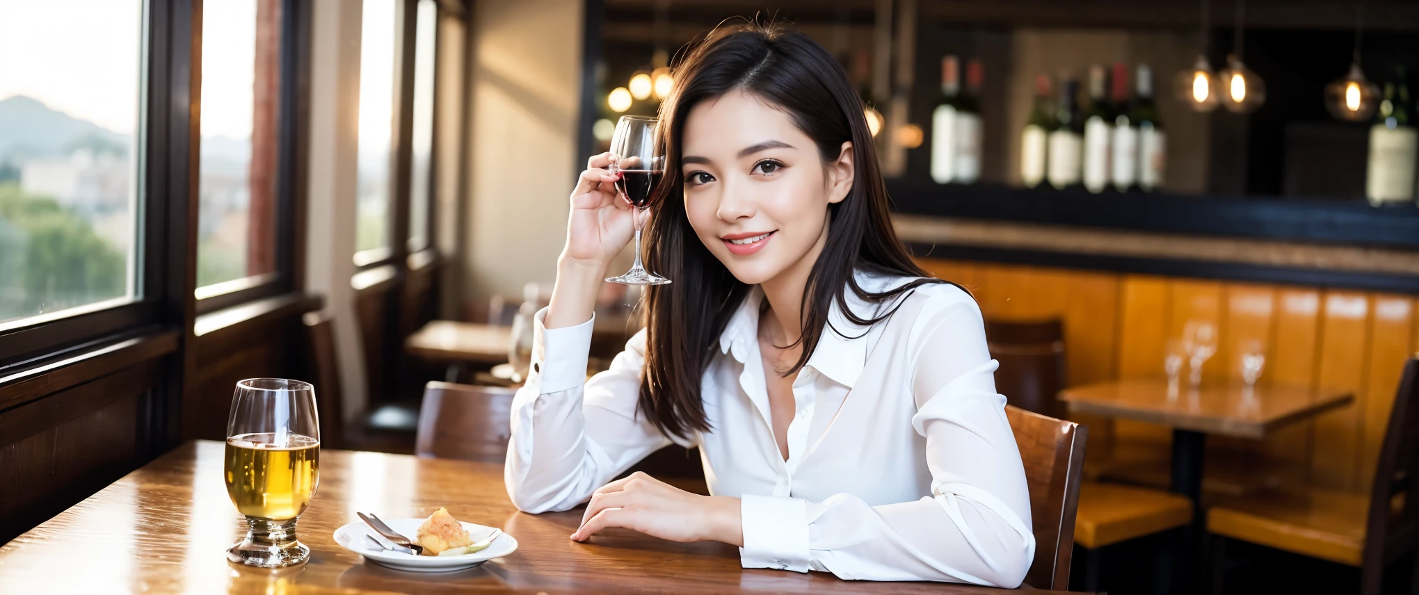 ((highest quality、8k、masterpiece:1.3))、1 male、1 female、Couple、spouse、Couple、Slim body、((Bob Hale、Straight hair:1.2)), (Realistic, Intricate details:1.2), Wine glass on the table、Shine light on your face、 Amazing view of the sunset sky and clouds、Amazing mountain views、A bright smile、The wonderfulness of smile、Bright image、The beauty of wine, Beautiful Face, blue eyes, The light shines on your face, Blushing, short hair,Bright Face、 (Age 37), 39 years old, red wine 、Appetizers、Italian food、Wine bottle、Champagne、sparkling wine、Two beauties、Brown Hair、Shortcuts、Long sleeve shirt、dress、Pretty Woman 1, (Slim face), (The body is slim), (Brown Hair), (Shortcuts), cheeks turn a little red,Attractive beauty、restaurant, In a prominent place (From the waist up) Nova Frog Style, actress, model, Upper Body, White wine, slim, wine glass, Wine glass placed in the center, smile, (smile: 1.15), Beautiful fine grain, Depth f/2,saturation, High Contrast, Strong light and shadow,Moist Body:1.5、3D texture、Delicate eyes、Brown Hair、The hair is very shiny、