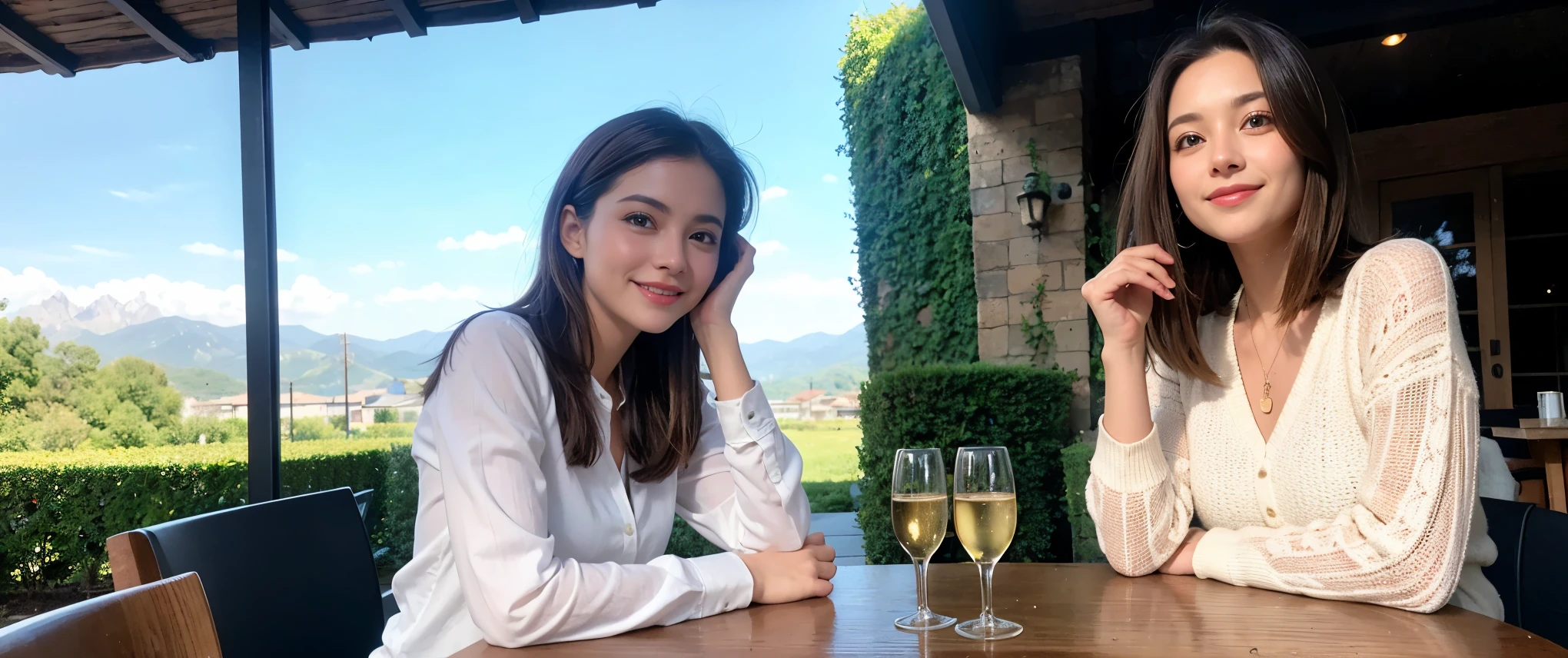 ((highest quality、8k、masterpiece:1.3))、1 male、1 female、Couple、spouse、Couple、Slim body、((Bob Hale、Straight hair:1.2)), (Realistic, Intricate details:1.2), Wine glass on the table、Shine light on your face、 Amazing view of the sunset sky and clouds、Amazing mountain views、A bright smile、The wonderfulness of smile、Bright image、The beauty of wine, Beautiful Face, blue eyes, The light shines on your face, Blushing, short hair,Bright Face、 (Age 37), 39 years old, red wine 、Appetizers、Italian food、Wine bottle、Champagne、sparkling wine、Two beauties、Brown Hair、Shortcuts、Long sleeve shirt、dress、Pretty Woman 1, (Slim face), (The body is slim), (Brown Hair), (Shortcuts), cheeks turn a little red,Attractive beauty、restaurant, In a prominent place (From the waist up) Nova Frog Style, actress, model, Upper Body, White wine, slim, wine glass, Wine glass placed in the center, smile, (smile: 1.15), Beautiful fine grain, Depth f/2,saturation, High Contrast, Strong light and shadow,Moist Body:1.5、3D texture、Delicate eyes、Brown Hair、The hair is very shiny、