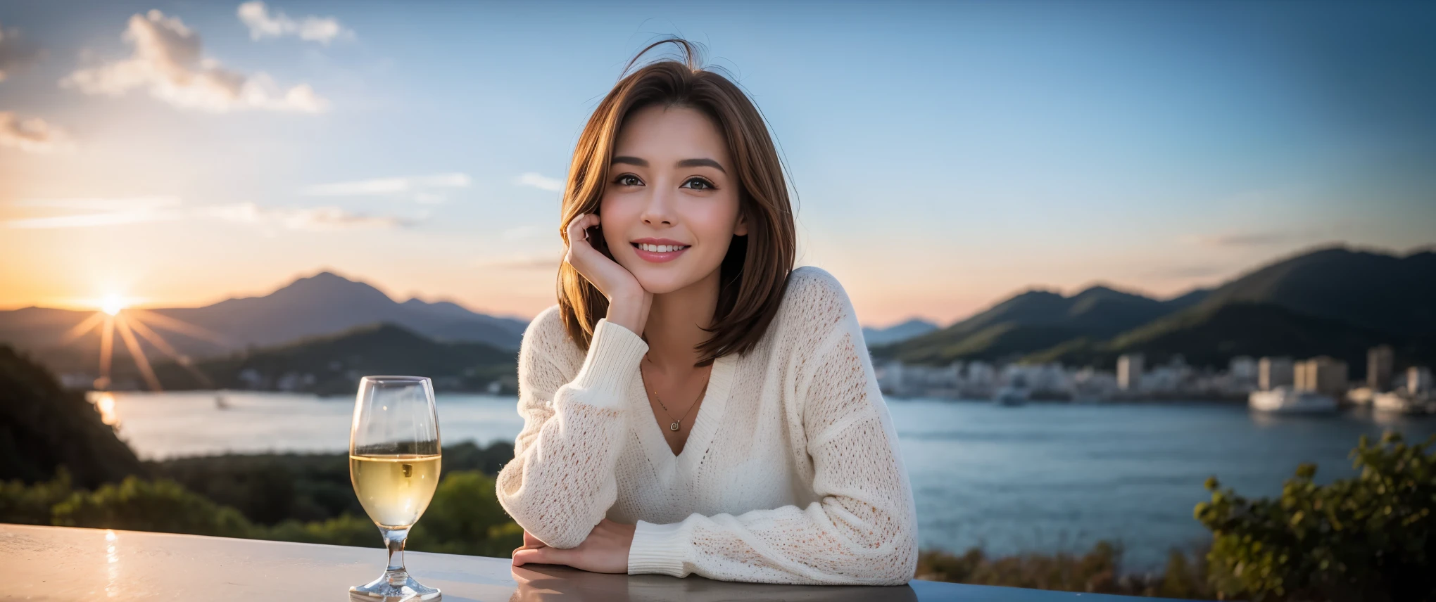 ((highest quality、8k、masterpiece:1.3))、1 male、1 female、Couple、spouse、Couple、Slim body、((Bob Hale、Straight hair:1.2)), (Realistic, Intricate details:1.2), Wine glass on the table、Shine light on your face、 Amazing view of the sunset sky and clouds、Amazing mountain views、A bright smile、The wonderfulness of smile、Bright image、The beauty of wine, Beautiful Face, blue eyes, The light shines on your face, Blushing, short hair,Bright Face、 (Age 37), 39 years old, red wine 、Appetizers、Italian food、Wine bottle、Champagne、sparkling wine、Two beauties、Brown Hair、Shortcuts、Long sleeve shirt、dress、Pretty Woman 1, (Slim face), (The body is slim), (Brown Hair), (Shortcuts), cheeks turn a little red,Attractive beauty、restaurant, In a prominent place (From the waist up) Nova Frog Style, actress, model, Upper Body, White wine, slim, wine glass, Wine glass placed in the center, smile, (smile: 1.15), Beautiful fine grain, Depth f/2,saturation, High Contrast, Strong light and shadow,Moist Body:1.5、3D texture、Delicate eyes、Brown Hair、The hair is very shiny、