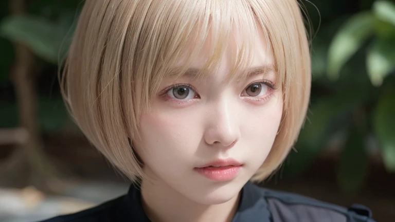 (Bob Cut Hair, Platinum Blonde Hair:1.2),(Wear a black blouse:1.2),1 girl,Japanese,21 years old,(Small breasts:1.3),(highest quality,masterpiece:1.3,超A high resolution,),(Ultra-detailed,Caustics),(Photorealistic:1.4,RAW shooting,)Ultra-Realistic Capture,Very detailed,High resolution 16K human skin close-up。 Natural skin texture、,Pores、、It needs to be detailed enough to be easily identifiable。 Skin should be even-toned and healthy looking。 Use natural light and colour, Sad expression, Looking at the camera, Perfect dynamic composition, Outdoor