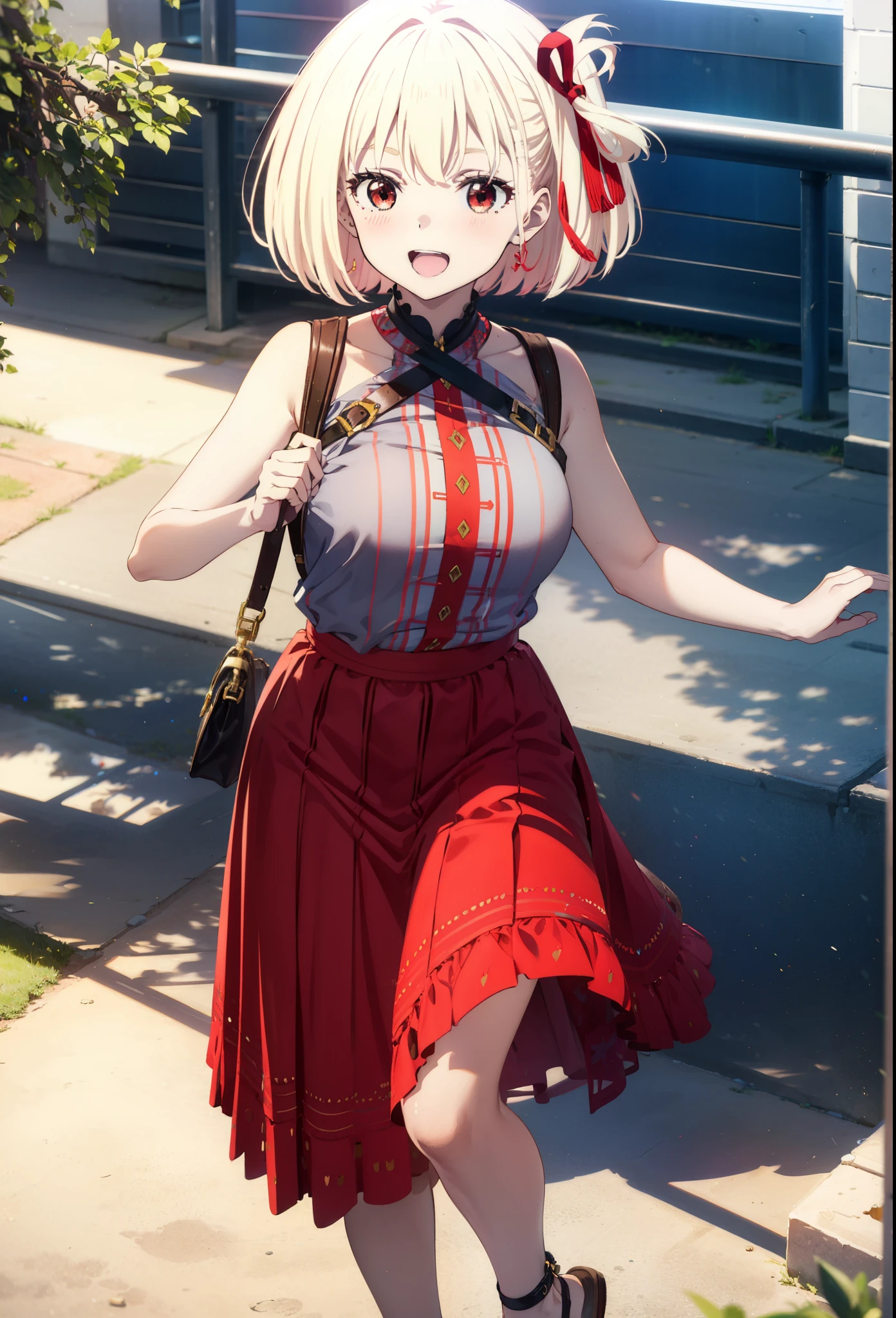 (masterpiece, best quality), 1girl, Burgundy Side Swept Updo, Size F breasts, Chocolate Brown Smocked off-shoulder top and Wrap-front satin midi skirt with a floral print, pantyhose, Standing on tiptoes with arms raised.
