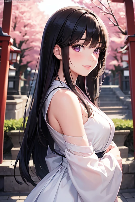 Masterpiece, Best Quality, 1girls, profile,long black hair, Detailed Face, pink lips, 
slightly upturned nose, long eyelashes, realistic skin texture, attractive face,
white dress,whole body,cute smile,original japanese girl,posing for photo in front of