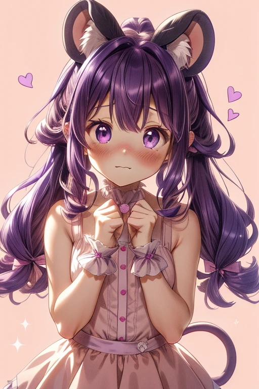 purple hair, curly hair, hair ribbon, sparkling eyes, animal ears, mouse ears, shy, full blush, flustered, light blush, anime, anime style, Minimalism, 8k, super detail, furry, animal tail, mouse tail, cute, kawaii, chibi