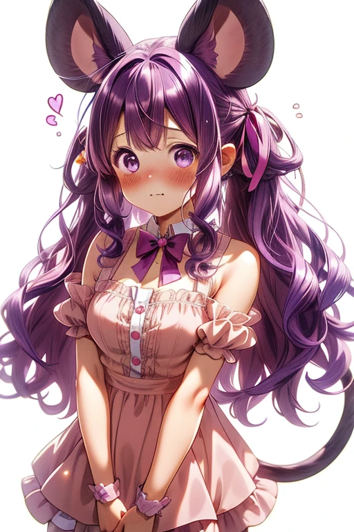 purple hair, curly hair, hair ribbon, sparkling eyes, animal ears, mouse ears, shy, full blush, flustered, light blush, anime, anime style, Minimalism, 8k, super detail, furry, animal tail, mouse tail, cute, kawaii, chibi