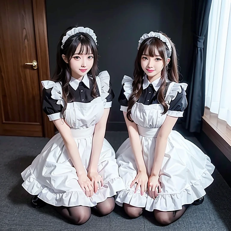 VIP room,Maid kneels down,The two girls smiled happily, Less clothes,Expose maid attire,Grab the skirt with both hands,Loafers,Lots of maids,Huge breasts,Thin waist,loyal maid,Obey everything,Very obedient,付出型性格和Likeable的个性,Obedient personality、Likeable,Absolute loyalty,Absolute obedience,Absolute obedience,Willing to give everything,Waiting for command