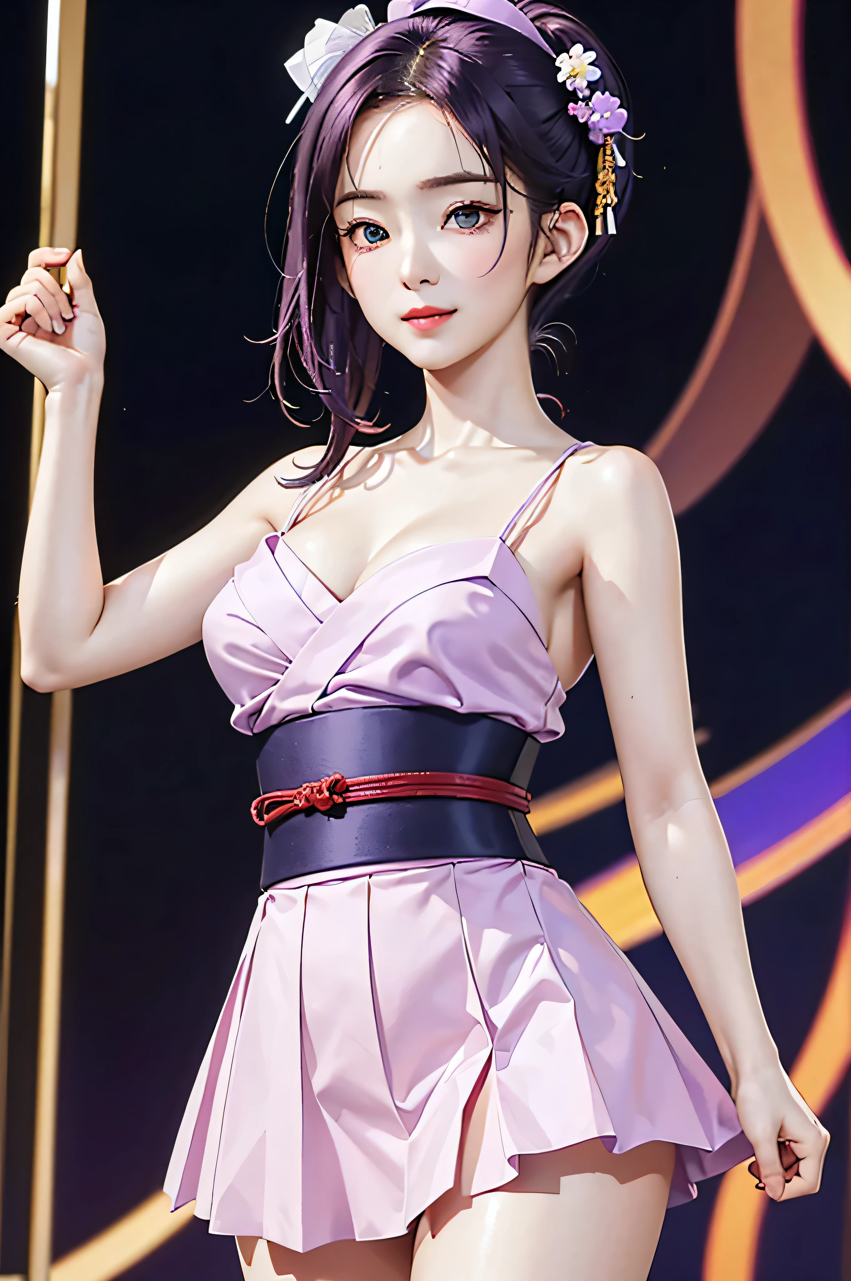 (Finest quality)),(A high resolution),(ultra-detailed art),(Meticulous portrayal),((Best Anime)),(Finest works of 

art),sharpness,Clear,Ultra-Precision Art,The art of astounding depiction,(masterpiece),

short Hair ponytail, short ponytail, purple hair, vibrant purple hair, extremely detailed hair, detailed bangs, with 

bangs, 
pretty face, beautiful lips, soft lips,pretty face, close up face,serious face, pretty nose, beautiful nose,
pretty eyes, beautiful eyes, detailed eyes, perfect eyes, green eyes,

happy, jolly, smiling,

clear skin,white skin, soft skin,  small bust, small breasts, smooth skin,
korean girl, korean beauty, irene, red velvet irene, 

japanese yukata, violet yukata, japanese clothing, detailed yukata, yukata without the ribbon, detailed clothing, perfect yukata, violet skirt, mini skirt, ronin clothing, female ronin, cloth on breasts, slight cleavage,

cool pose, full body, detailed thighs, detailed legs, 
super high-angle shot, no background,looking at camera,

