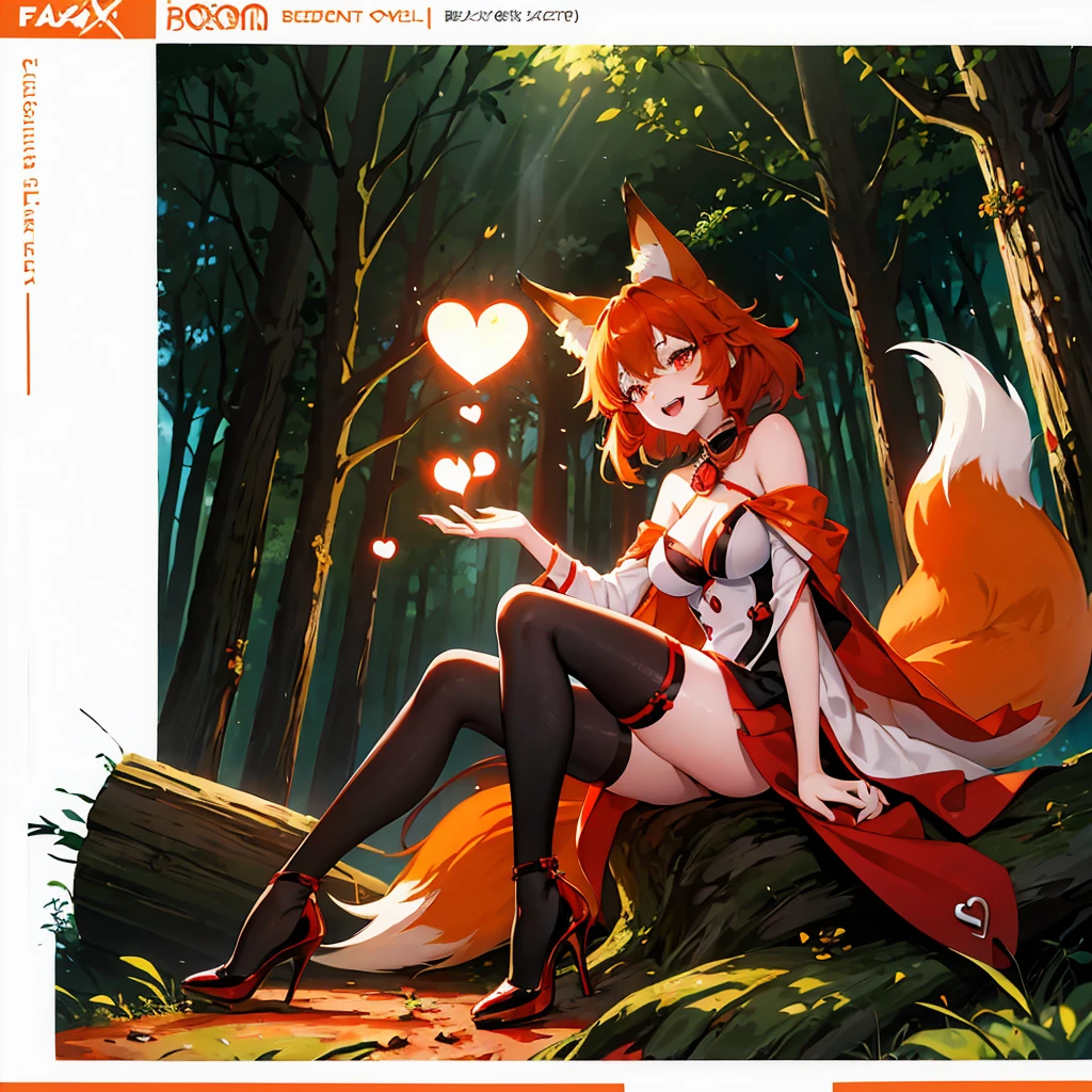 A fox girl,Fox Beauty,Anime style,Seductive laughter,Heart-shaped pupil,High heel,Sitting,In the forest,Orange-red hair,8k,Tyndall effect,Queen style