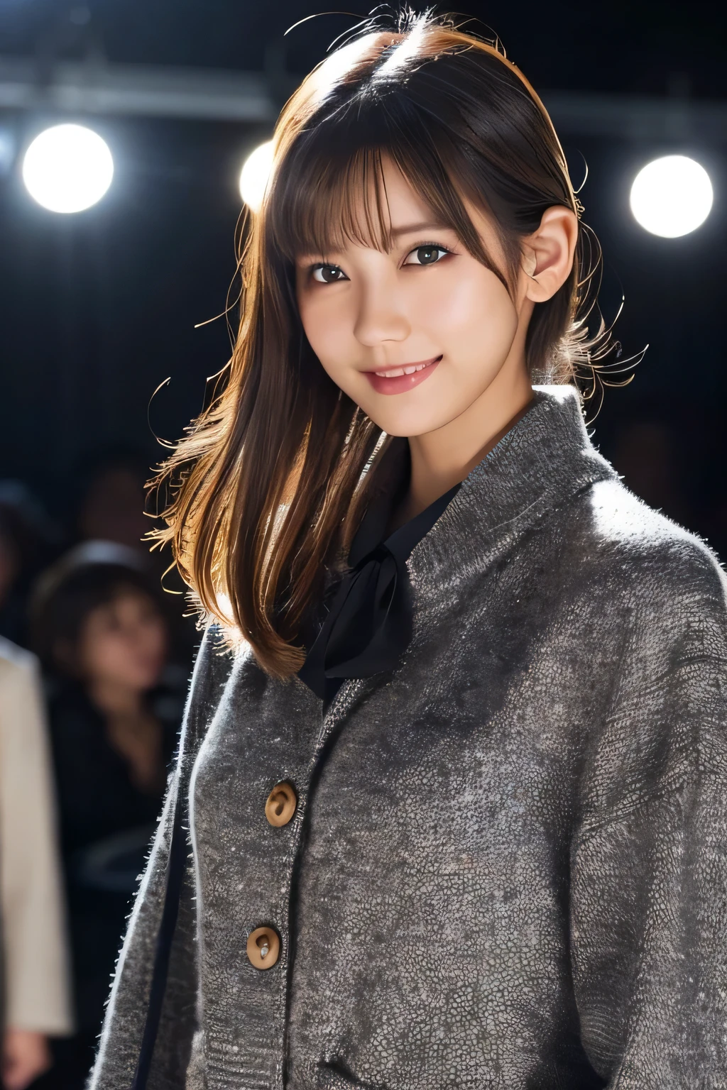 1 girl, (Wear clothes with Japanese and modern designs:1.2), (Works by famous designers), (Refined Japanese modern style:1.2), Very beautiful Japanese idol portraits,
(RAW Photos, highest quality), (Realistic, Realistic:1.4), (masterpiece),
Very delicate and beautiful, Very detailed, 2k wallpaper, wonderful, finely, Very detailed CG Unity 8K wallpaper, Very detailed, High resolution, Soft Light,
Beautiful detailed girl, Very detailed目と顔, Beautiful and sophisticated nose, Finely beautiful eyes, Cinema Lighting,
(participate in a fashion show:1.3), (Model Walk:1.3), (Cowboy Shot),
(Medium Hair),
Complete Anatomy, Slender body, Small breasts, smile