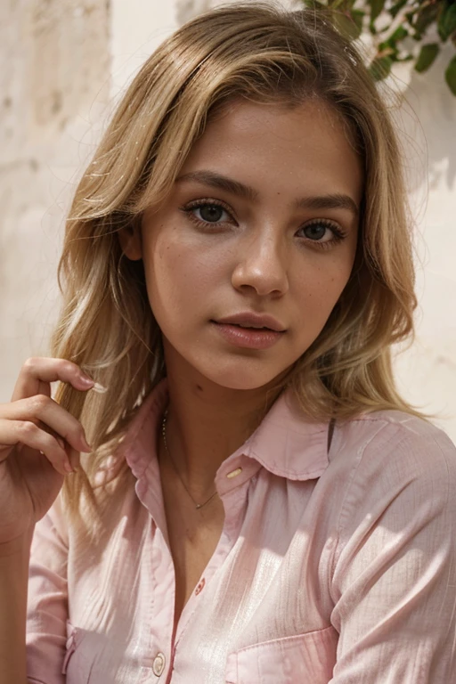 jovem, pele branca, medium-length blonde hair, campestre, olhos azuis, medium lips with pink color, light pink two-button silk blouse