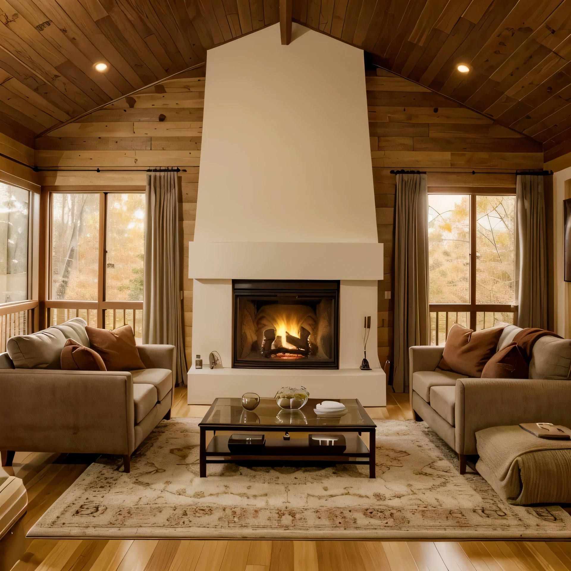 arafed living room with a fireplace and a couch and a table, warm living room, warm interiors, warm interior, cozy contemporary living room, cozy living room, architecturaldigest living room, cozy and peaceful atmosphere, cozy living room interior, cozy and calm, serene and peaceful style, soothing and cozy landscape, cosy fireplace, living room interior design, warm cosy colors