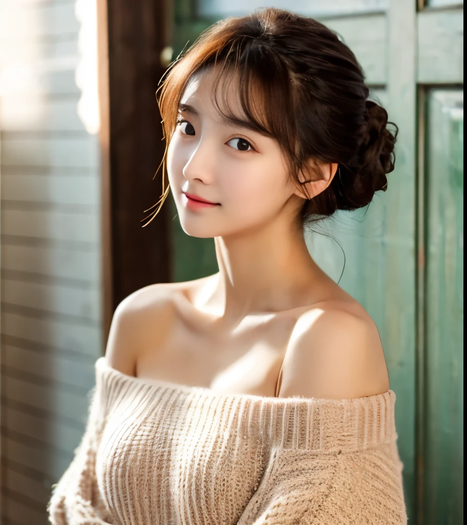19 years Old woman, With sweater, open breast, open shoulder, open stomach, beauty face, thin, Updo hair style, medium breast