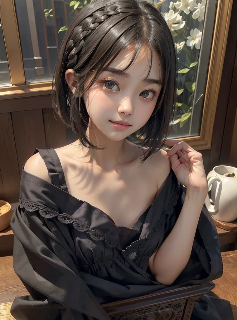 (surreal)、(Implications)、(High resolution)、(8K)、(Very detailed)、(Best Illustration)、(Beautifully detailed eyes)、(Top quality)、(Ultra Detailed)、(masterpiece)、(wallpaper）、（a delicate face）、solo、1 Girl、Looking at the audience、fine、a delicate face、in the dark night、Deep shadows、Low profile、purebred face_V1、((short hair))、Black shawl straight hair、Side bangs、thin braids、picture frame、(Straight chest),Beautiful abdominal muscles