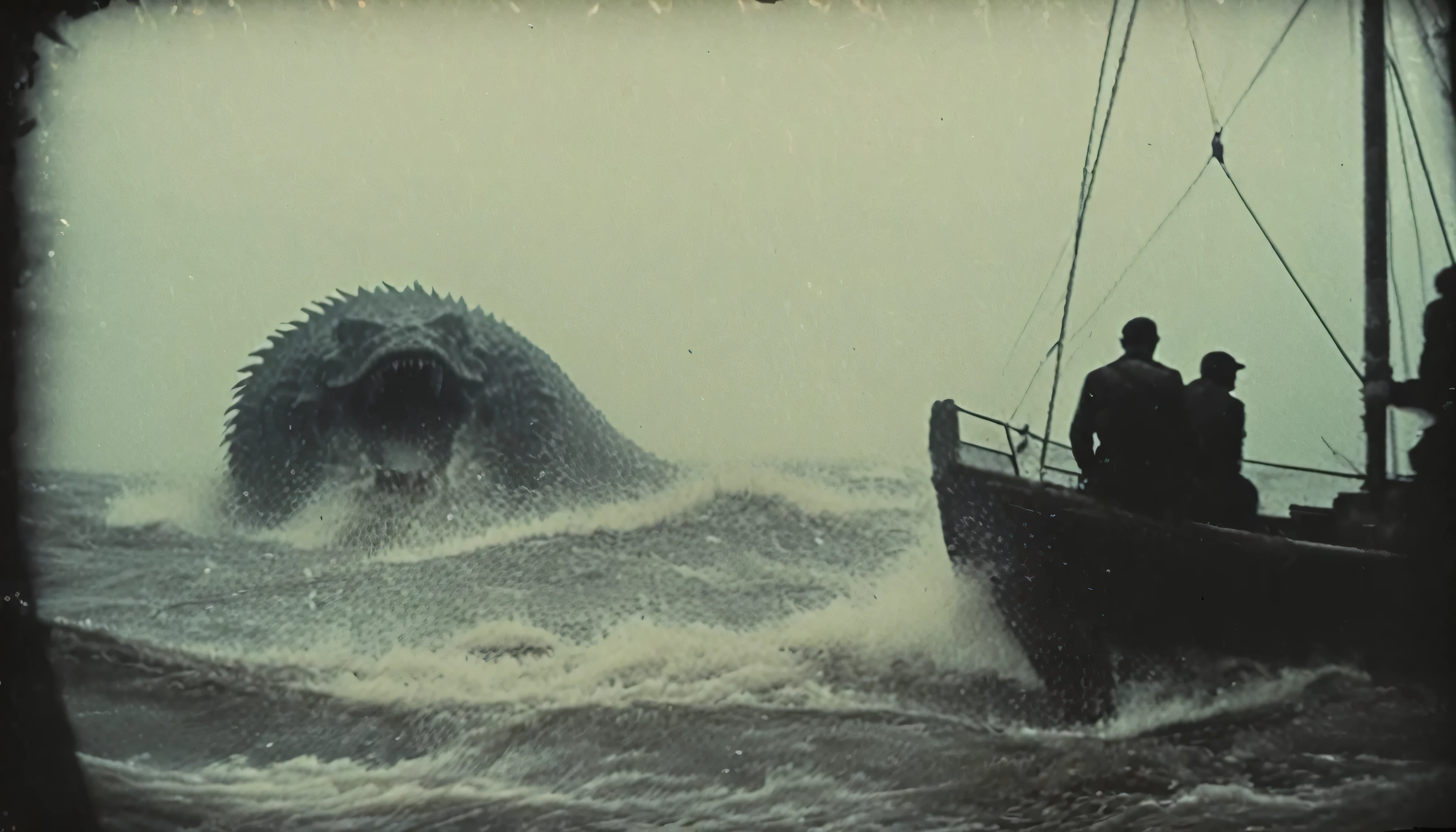 grainy, polaroid, 35mm vintage, realistic old footage, huge underwater silhouettes of underwater giant sea-monsters, leviathan, jormungandr, hiding under water, seen from a sailboat, Atlantic ocean, Black and white colors.