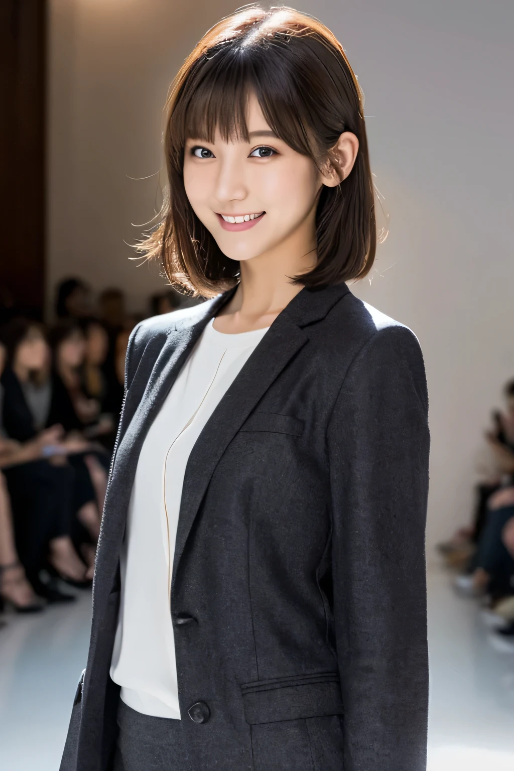 1 girl, (Wear clothes with Japanese and modern designs:1.2), (Works by famous designers), (Refined Japanese modern style:1.2), Very beautiful Japanese idol portraits,
(RAW Photos, highest quality), (Realistic, Realistic:1.4), (masterpiece),
Very delicate and beautiful, Very detailed, 2k wallpaper, wonderful, finely, Very detailed CG Unity 8K wallpaper, Very detailed, High resolution, Soft Light,
Beautiful detailed girl, Very detailed目と顔, Beautiful and sophisticated nose, Finely beautiful eyes, Cinema Lighting,
(participate in a fashion show:1.3), (Model Walk:1.3), (Cowboy Shot),
(Medium Hair),
Complete Anatomy, Slender body, Small breasts, smile