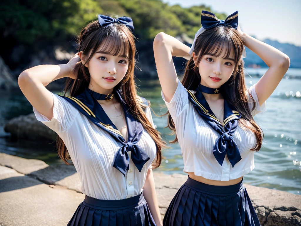 (((very heavy chest))),NSFW, 16k raw photos, highest quality, masterpiece, ultra high resolution, ((She is wearing Beautiful exposed redShe is wearing (a high school sailor uniform).
(navy sailor collar:1.4),(white shirt:1.4),(navy pleats skirt:1.4),(navy bow:1.4))).movie, ((2 girls, , 2 schoolgirls)),((attractive expression)),eyes shine、 looking at the viewer, natural skin texture very heavy chest))),((( metal black ribbon around the neck))).star handle mold、((yellow eyes)),Realistic eye and face details, lip whole, lipstick makeup), fluffy ponytail hair, laughter, Beautiful feet, tall woman, ((glowing skin)),((Beautiful armpit)), slim_feet, huge breasts, cleavage, beautiful natural places, beautiful flower garden、(detailed background,highly exposed, huge breasts, blurred background,, JK ribbon on the neck, jk ribbon, golden hair, bracelet, water, bangs, split your lips、armpit、beautiful hip line、glowing skin、(((eyes shine brightly))),lotion skin、High leg、((black hair)),highly exposed、Skimpy pink luxury fur coat、beautiful sea background、wind effect、