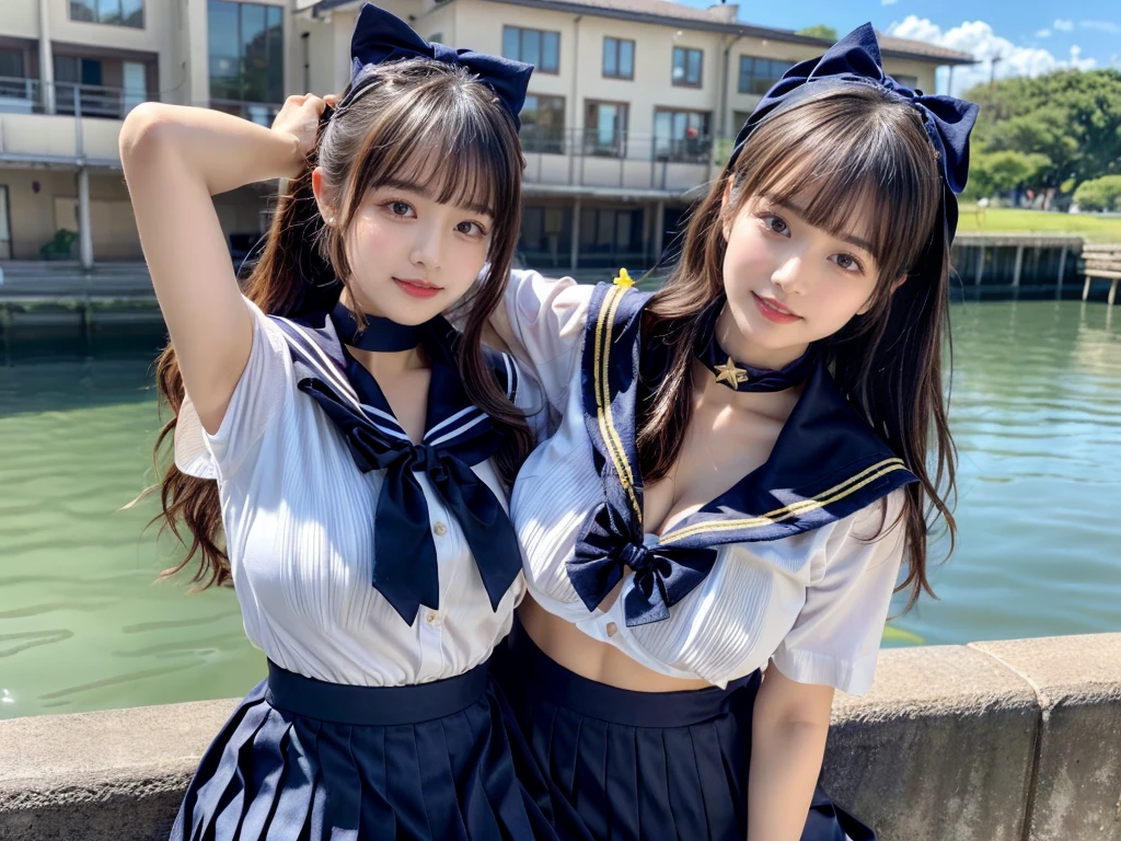 (((very heavy chest))),NSFW, 16k raw photos, highest quality, masterpiece, ultra high resolution, ((She is wearing Beautiful exposed redShe is wearing (a high school sailor uniform).
(navy sailor collar:1.4),(white shirt:1.4),(navy pleats skirt:1.4),(navy bow:1.4))).movie, ((2 girls, , 2 schoolgirls)),((attractive expression)),eyes shine、 looking at the viewer, natural skin texture very heavy chest))),((( metal black ribbon around the neck))).star handle mold、((yellow eyes)),Realistic eye and face details, lip whole, lipstick makeup), fluffy ponytail hair, laughter, Beautiful feet, tall woman, ((glowing skin)),((Beautiful armpit)), slim_feet, huge breasts, cleavage, beautiful natural places, beautiful flower garden、(detailed background,highly exposed, huge breasts, blurred background,, JK ribbon on the neck, jk ribbon, golden hair, bracelet, water, bangs, split your lips、armpit、beautiful hip line、glowing skin、(((eyes shine brightly))),lotion skin、High leg、((black hair)),highly exposed、Skimpy pink luxury fur coat、beautiful sea background、wind effect、